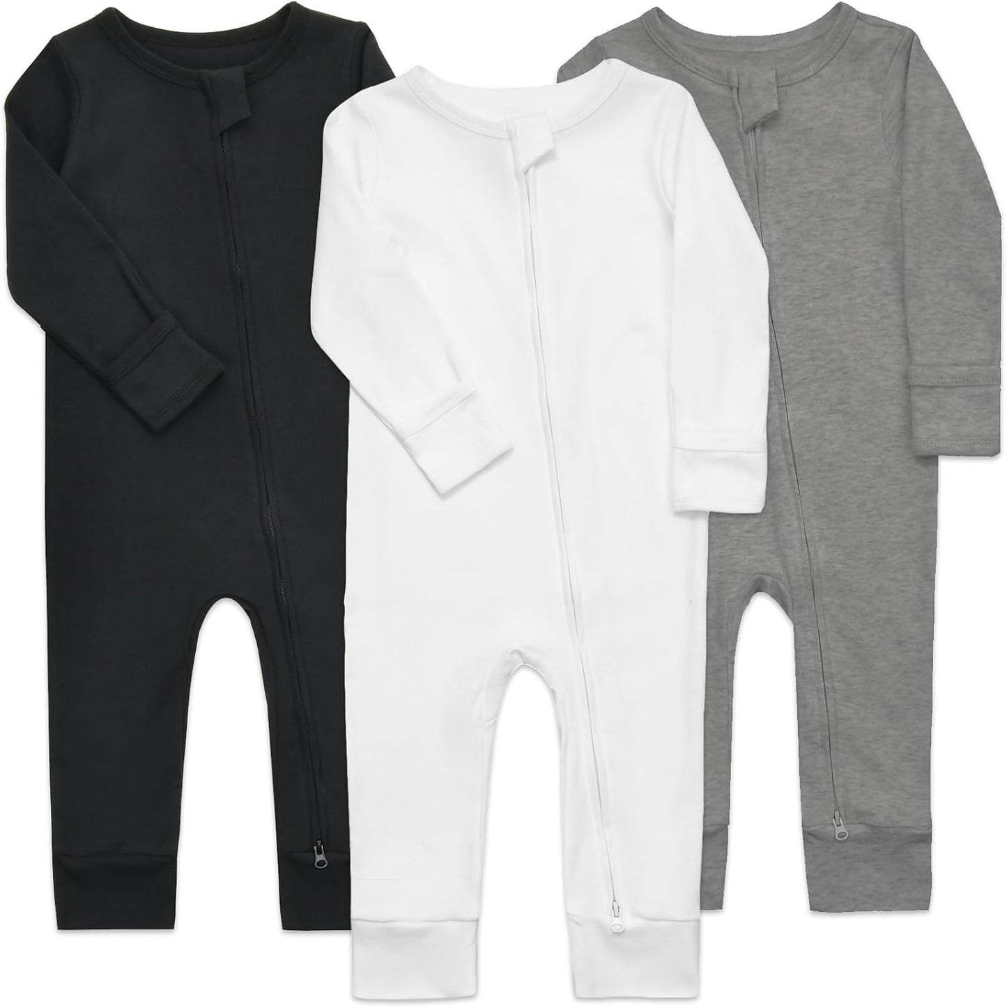 Aablexema 3-Pack Organic Cotton Baby Footless Pajamas with Mitten Cuffs, 2-Way Zipper Romper Sleepers