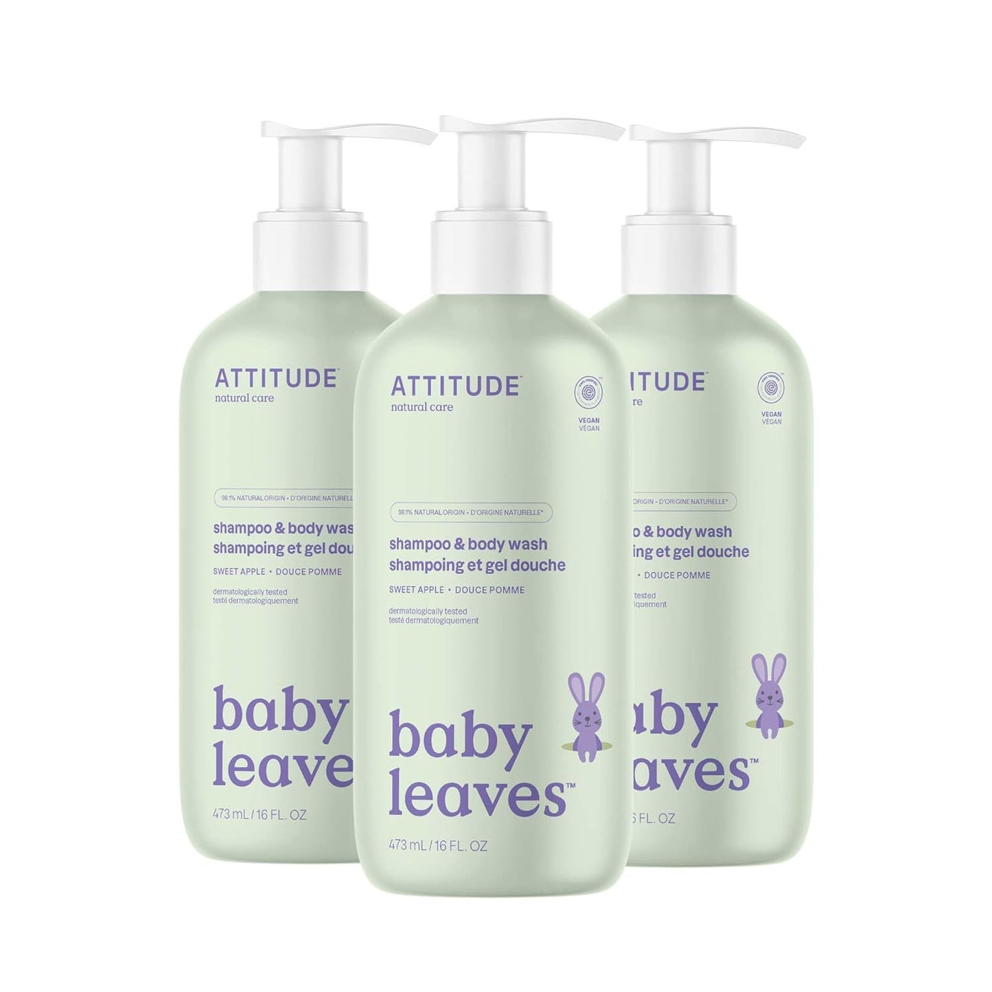 ATTITUDE 2-in-1 Shampoo and Body Wash for Baby, EWG Verified, Dermatologically Tested, Made with Naturally Derived Ingredients, Vegan, Sweet Apple, 16 Fl Oz (Pack of 3)