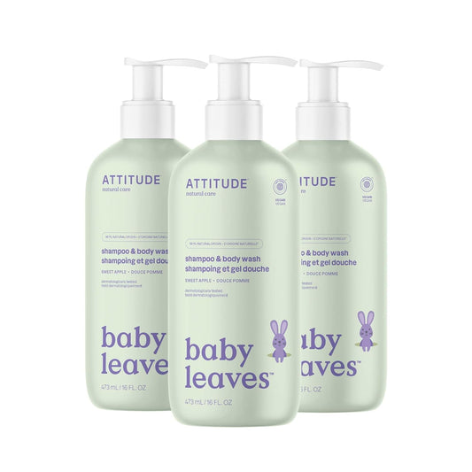 ATTITUDE 2-in-1 Shampoo and Body Wash for Baby, EWG Verified, Dermatologically Tested, Made with Naturally Derived Ingredients, Vegan, Sweet Apple, 16 Fl Oz (Pack of 3)