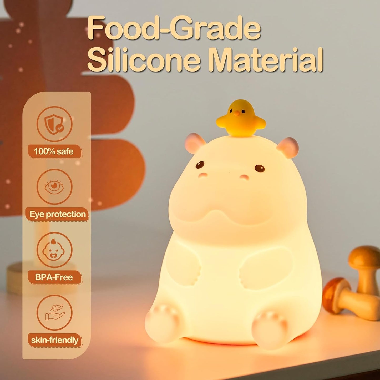 ATSUI Hippo Night Light, LED Squishy Novelty Animal Lamp, Food Grade Silicone, 2 Level Dimmable, Nursery Nightlight for Desk Decor, Funny Gifts Stuff for Boys Girls Baby, White Elephant Gifts