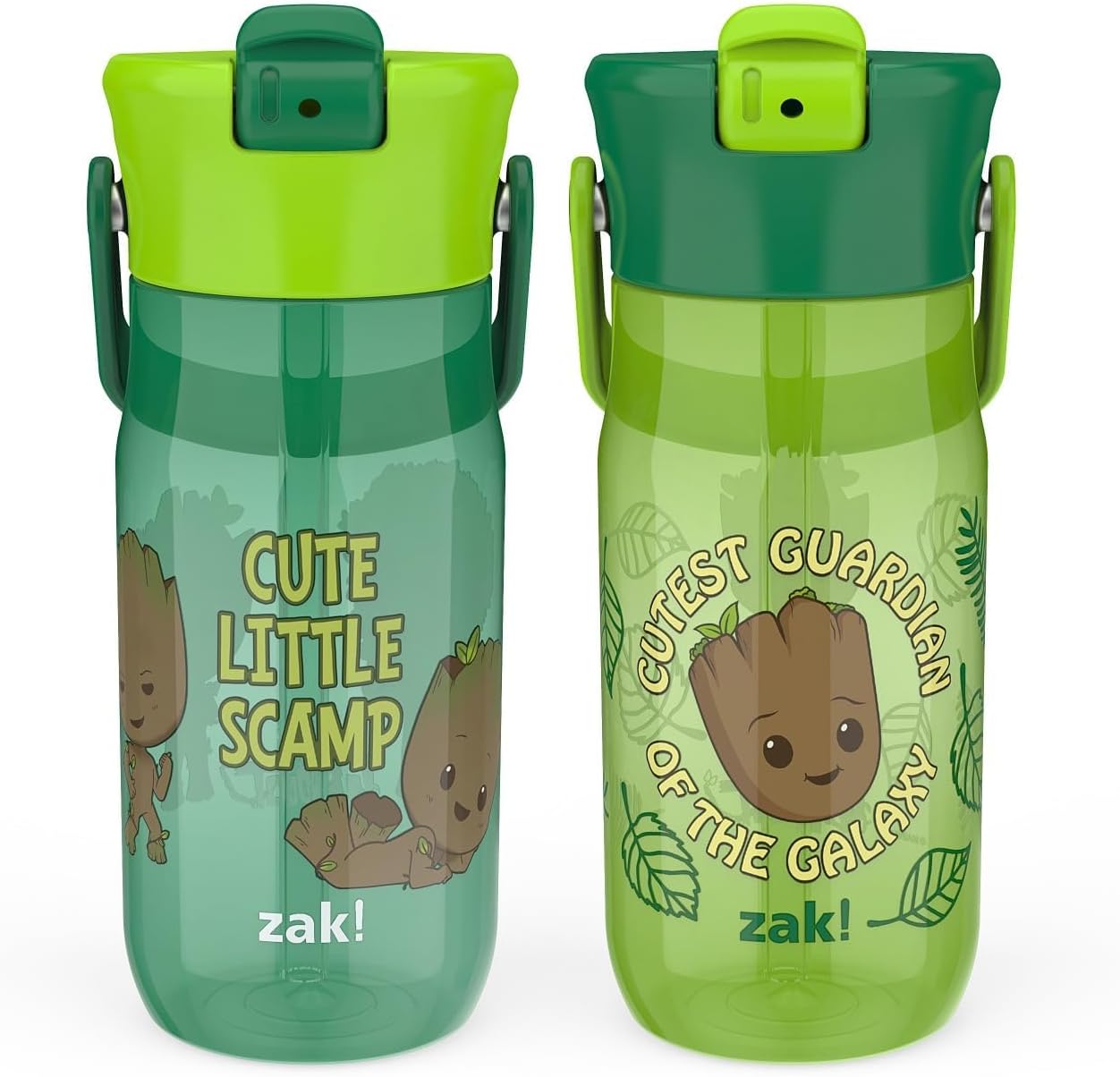 Zak Designs Harmony Marvel Groot Water Bottle for Travel or At Home, 18oz Recycled Plastic is Leak-Proof When Closed with Straw Lid and Carry Handle, 2-Pack (Groot)