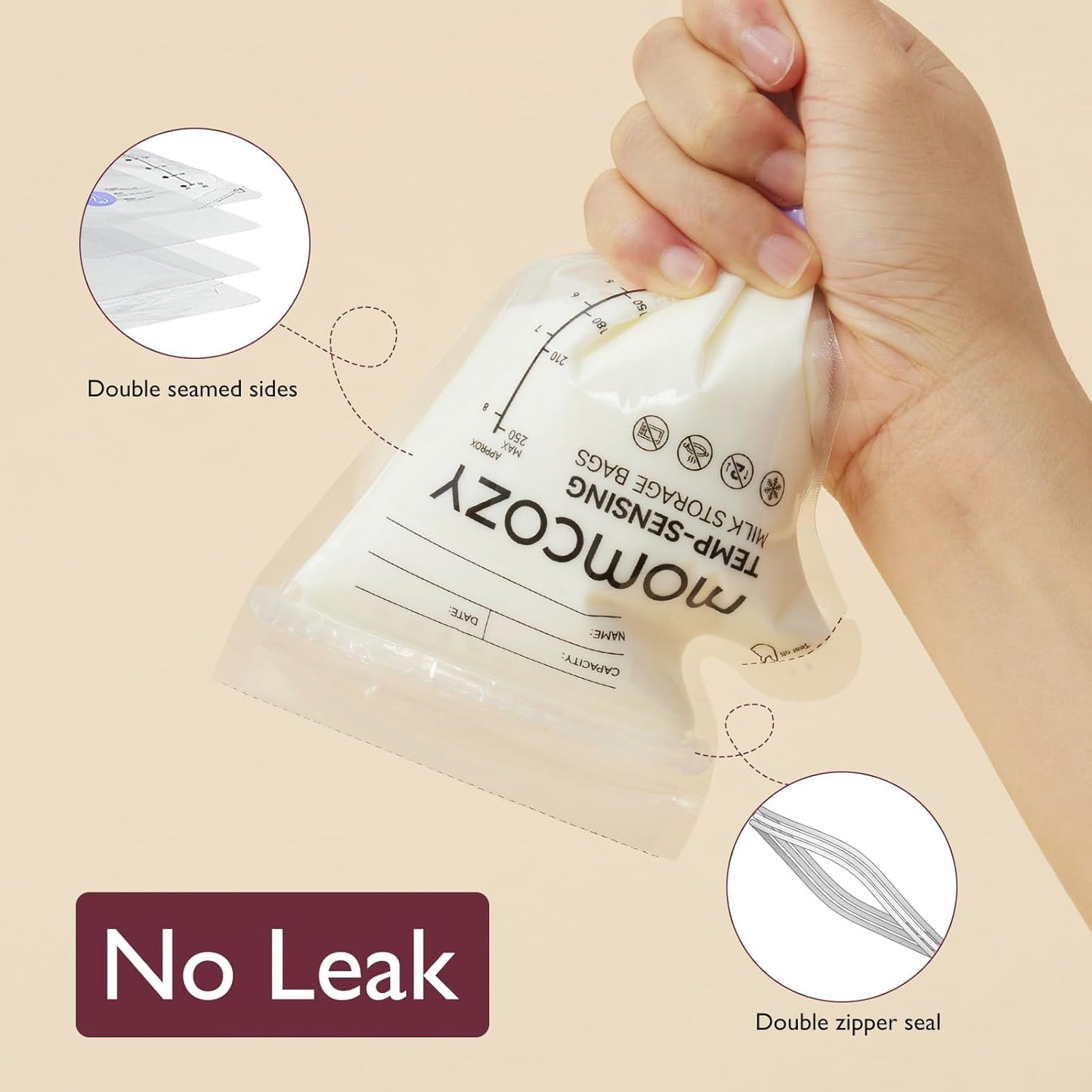 Momcozy Easy Pour Breastmilk Storage Bag, 8Oz, Temp-Sensing Color Change, 120 Count Milk Bag with Self Standing for Breastfeeding, No Leak Presterilized for Freezer, Recyclable & BPA Free