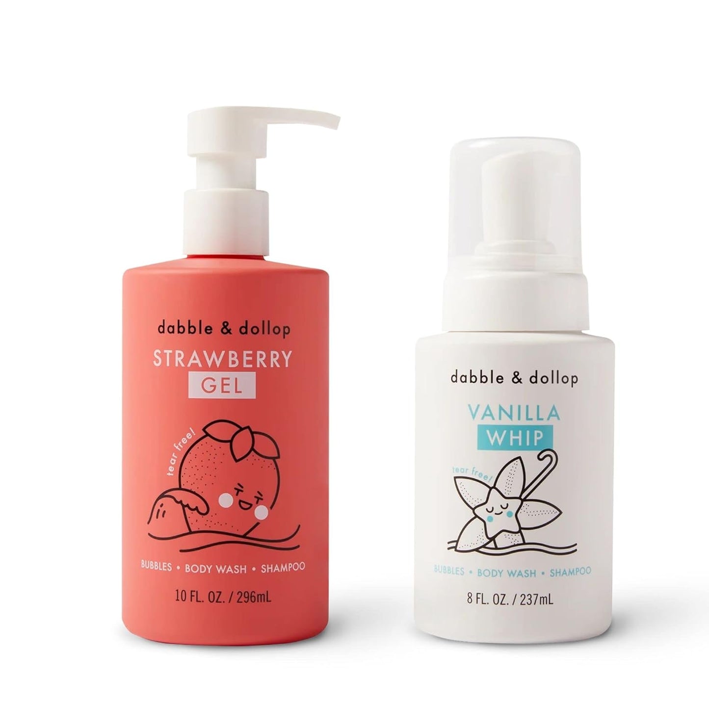 Dabble & Dollop Strawberry + Vanilla Body Wash & Shampoo – 3-in-1 Natural Bubble Bath for Kids, Made in USA, No Parabens or Sulfates, Vegan, Gluten-Free, Tear-Free (2-Pack)