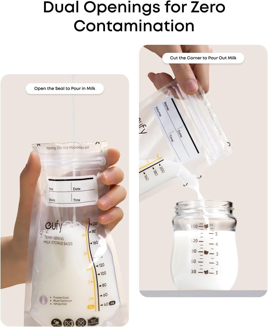 eufy Breast Milk Storage Bag with Temperature Sensing Color Change, Milk Storing Bags for Breastfeeding, 7 oz Disposable Storage Bags, Self-Standing, Leakproof Milk Freeze Storage Pouches (120 Pieces)