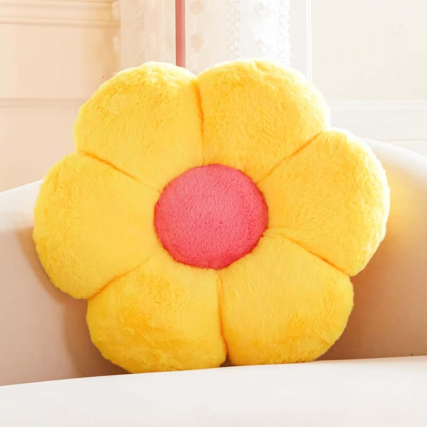 Yellow Flower Shaped Throw Pillow with Faux Rabbit Fur, 14.9' Soft Plush Throw Pillow for Bedroom & Living Room