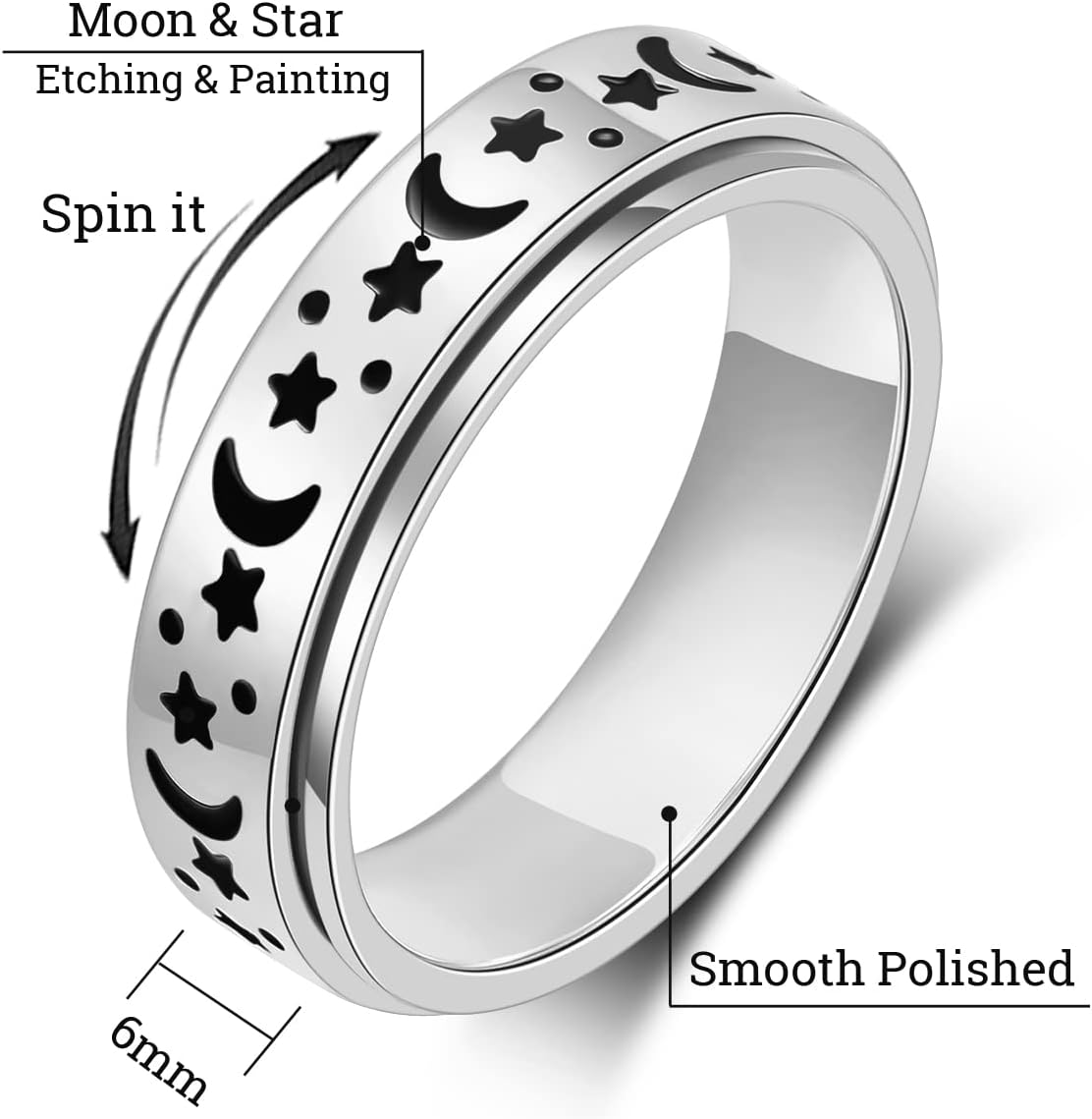 OreilleStar Anxiety Ring for Women Fidget Spinner Rings Stainless Steel Silver Color Size 6 (Silver_Moon Star, 6)