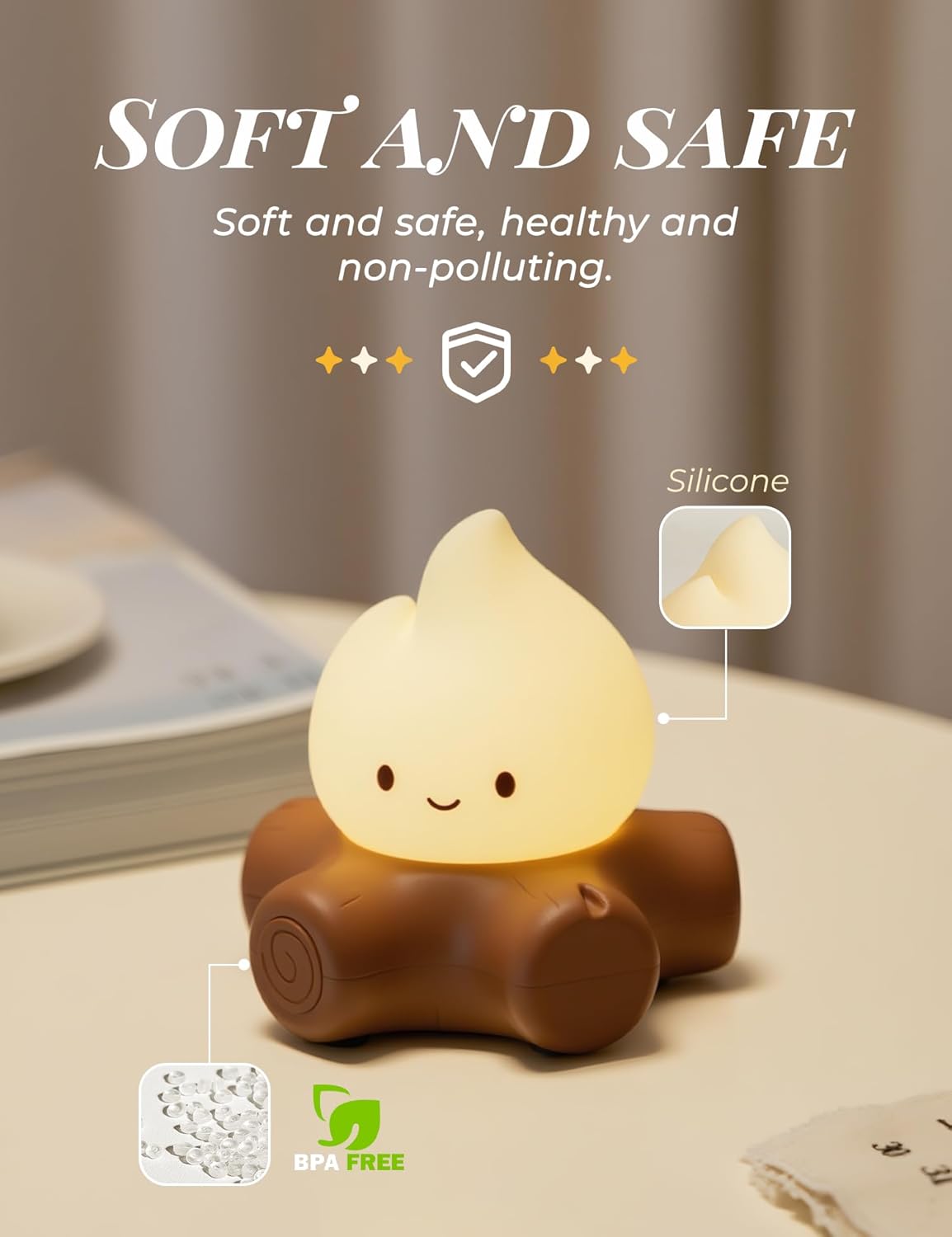 3pcs Campfire Night Light for Kids, Cute Campfire Lamp Gifts, LED Light up Flame Lights, Dimmable, Rechargeable Bedside Nightlight, Baby Nursery Dorm Kawaii Décor Toys Kits