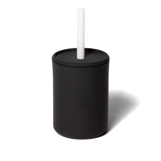Avanchy Silicone Training Sippy Cup with Straw Lid – Tiny Cup for Babies 6+ Months to Toddlers 1 Year Old – 5 oz Infant Water Cup for Baby Led Weaning, Black