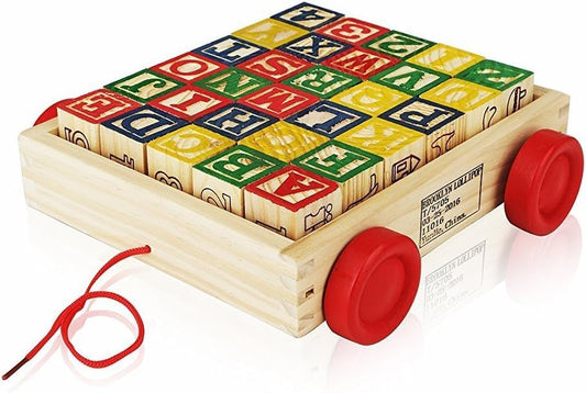 Wooden ABC Blocks with Pull Wagon, 30 Pieces, Educational Alphabet Learning Toy for Toddlers