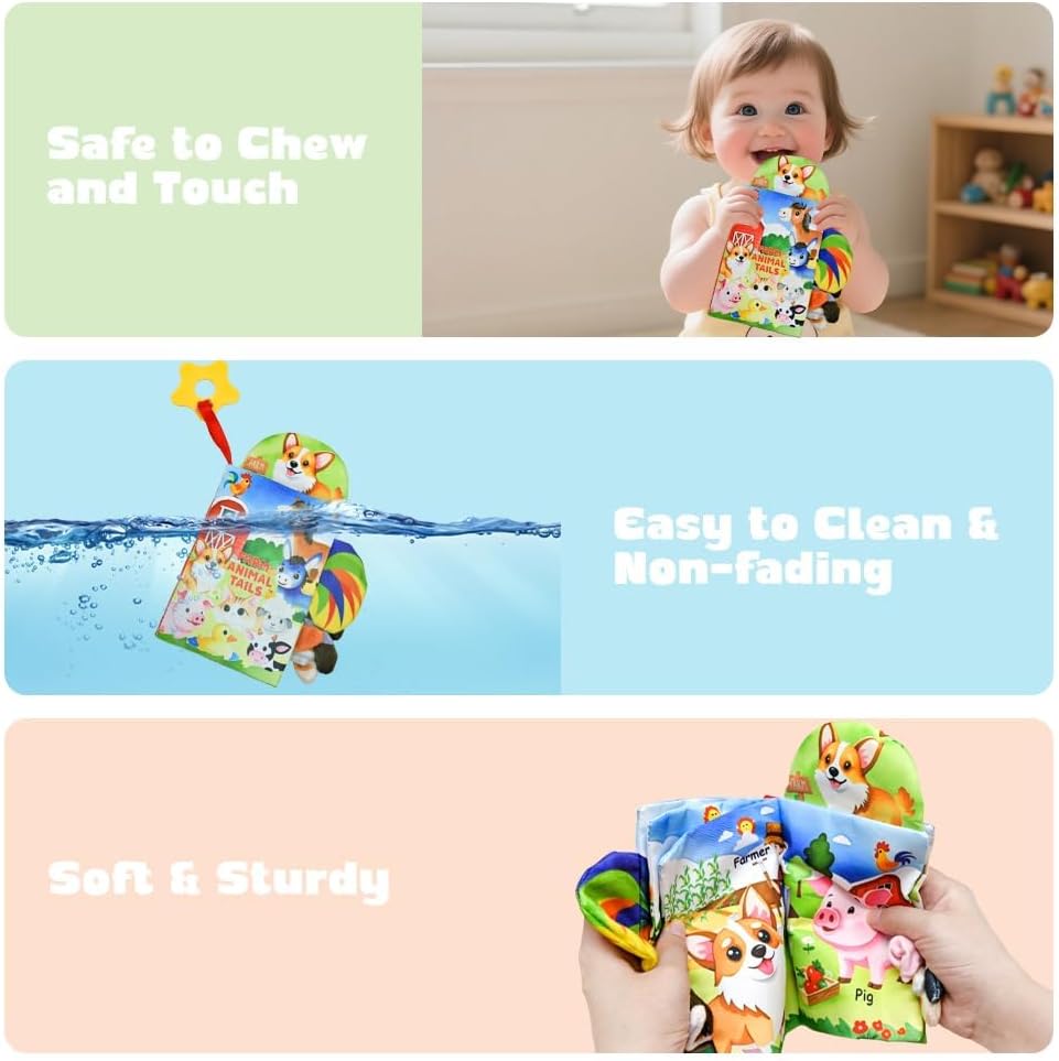 Kimicare 2 PCS Baby Books 0-6 Months, Crinkle Books for Babies, Jungle Tails Soft Cloth Book for Babies 6-12 Months, Infant Farms Sensory Book, Tummy Time Toys