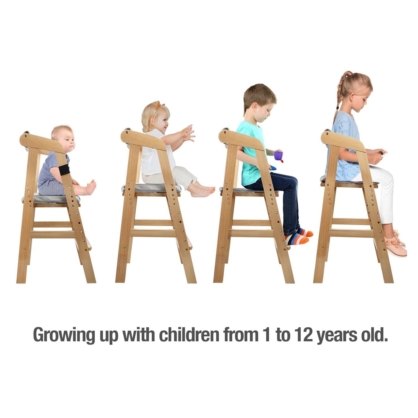 PandaEar Wooden High Chair for Toddlers, Adjustable Child Highchair Feeding Chair with Removable Cushion & Steps for Kids Dining, Eating, Studyin (Natural)