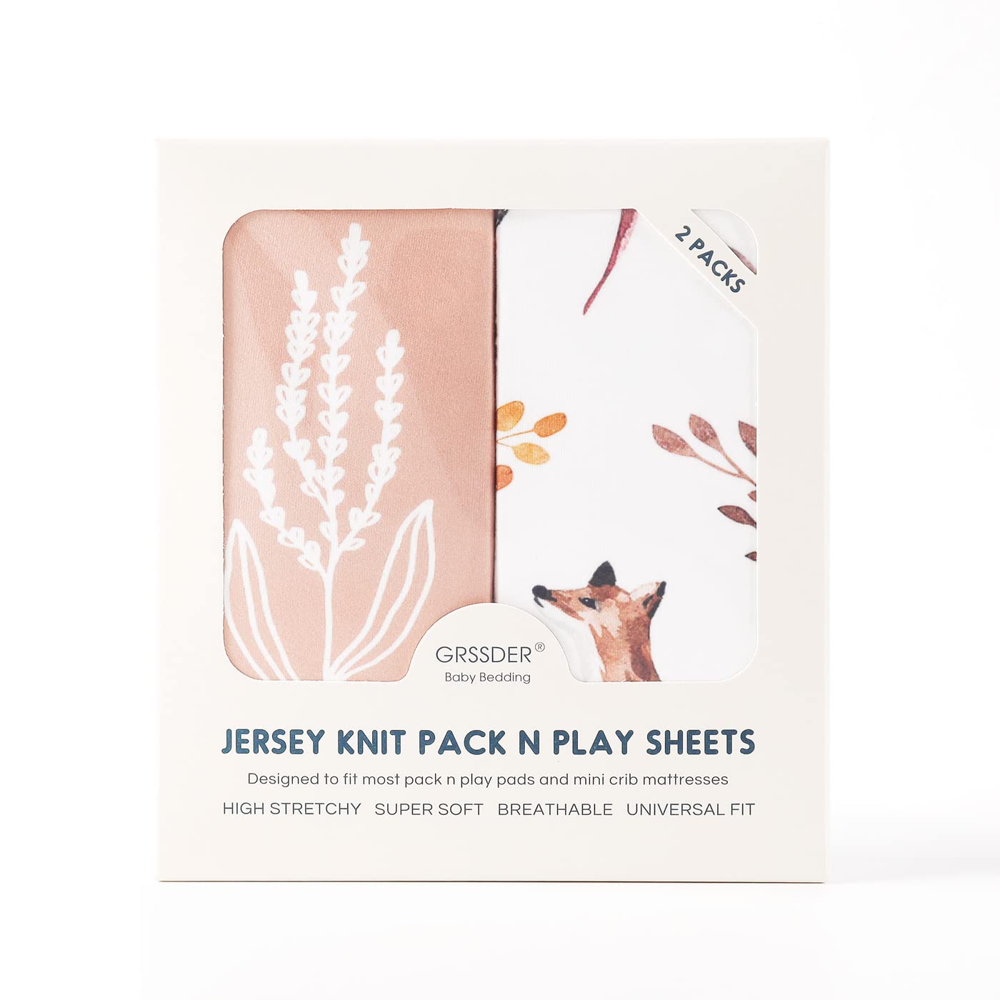 GRSSDER Stretchy Ultra Soft Jersey Knit Fitted Pack n Play Sheets Set 2 Pack, Fit Portable/Mini Crib, Playards Mattress Pads Safe and Snug, Pretty Fox for Baby Girls
