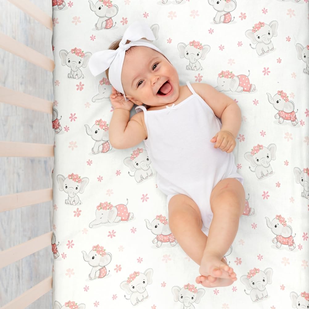 4 Pack Baby Girl Crib Sheets Set Soft Fitted Floral or Elephant Theme Baby Girl Mattress Covers Breathable Toddler Bed Sheets for Infant or Newborn Girls (Elephant, Crib Sheets)