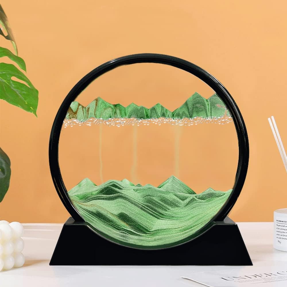 Aoderun Moving Sand Art Picture Round Glass 3D Deep Sea Sandscape in Motion Display Flowing Sand Frame Relaxing Desktop Home Office Work Decor (12", Green)