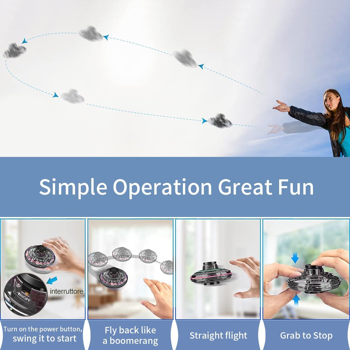 Flying I Fly Spinner, Fidget Spinner Flying Toys, Mini Fly UFO Hand Controlled Boomerang Drone, Cool Stuff Gadgets Gifts for Kids Boys Girls Teens 8 9 10+ Year Old Indoor Outdoor (Black)