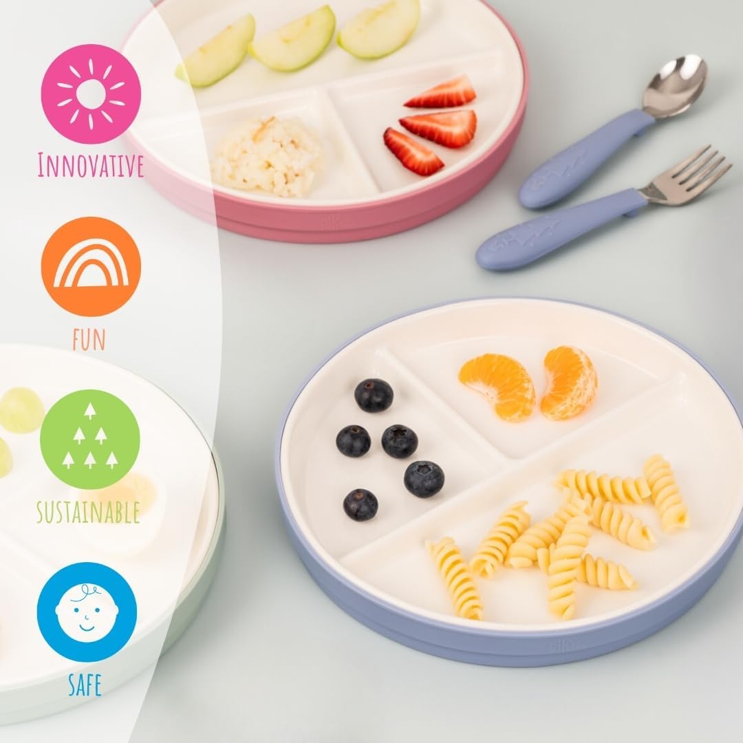 Elk and Friends Kids 7.8” Porcelain Divided Plates with Silicone Suction Sleeves + Lids | Suitable for Kids/Toddlers | Microwave & Dishwasher Safe | Non Slip | Snack Dishes | 4 Pack