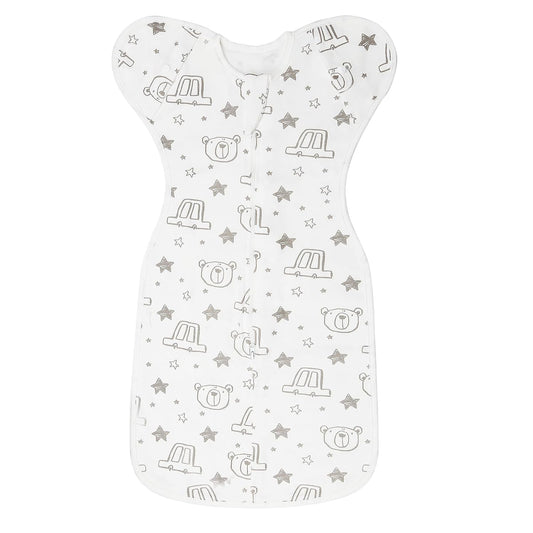 Baby Transition Swaddle Sack, Baby Swaddle Arms Up Transition Bag,Snug fit Calms Startle Reflex, Breathable Cotton Newborn Sack, 2-Way Zipper Cars & Bears (0-3 Month)