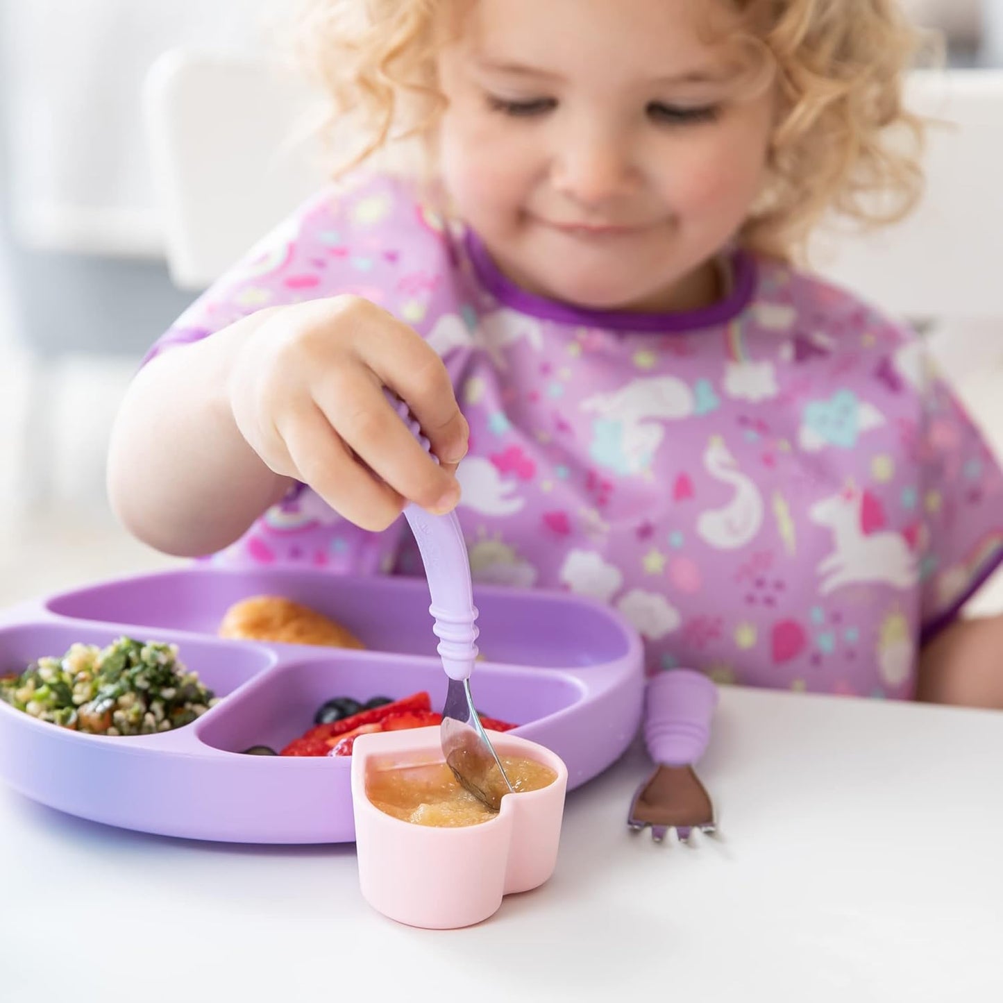 Bumkins Toddler Utensils, Kids Size Fork and Spoon Set, Silicone and Stainless-Steel Training Silverware, Angled Forks / Sporks for Self-Feeding, Children Hold Learning to Eat, 18 Months Up, Lavender