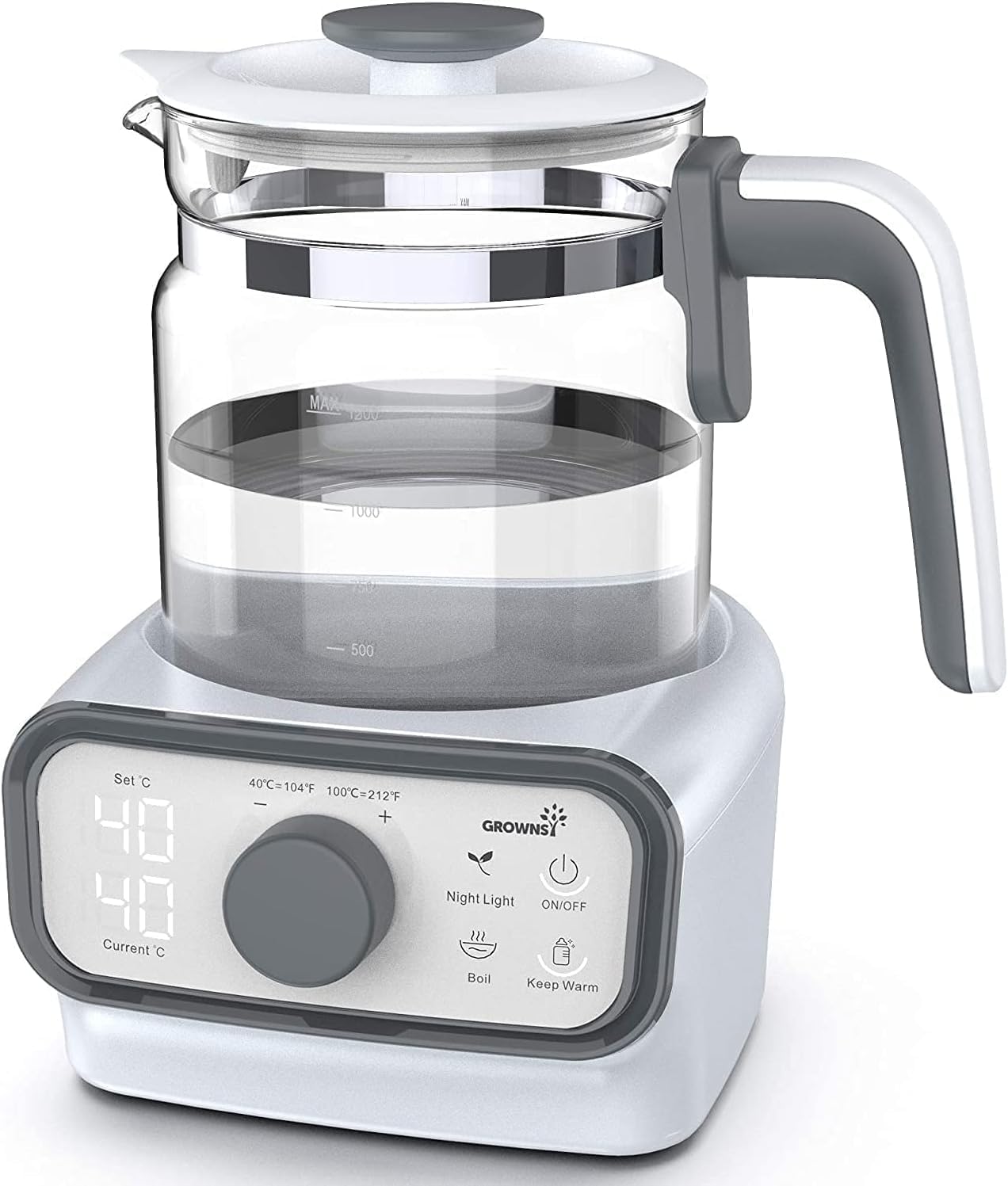 GROWNSY Baby Instant Warmer, Glass Water Boiler with Accurate Temperature Control for Formula, Coffee and Tea, 1.3 Liter Electric Kettle with LCD Display and Timer