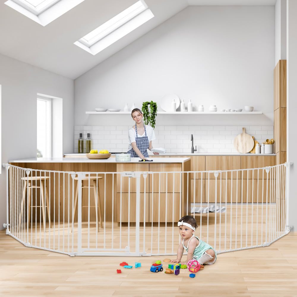 COMOMY 150" Extra Wide Baby Gate With Door - Auto Close Fence Play Area for House Doorways, Fireplace - Walk Through Pet Gate, Hardware Mounted, 6-Panels (30" Tall, White)
