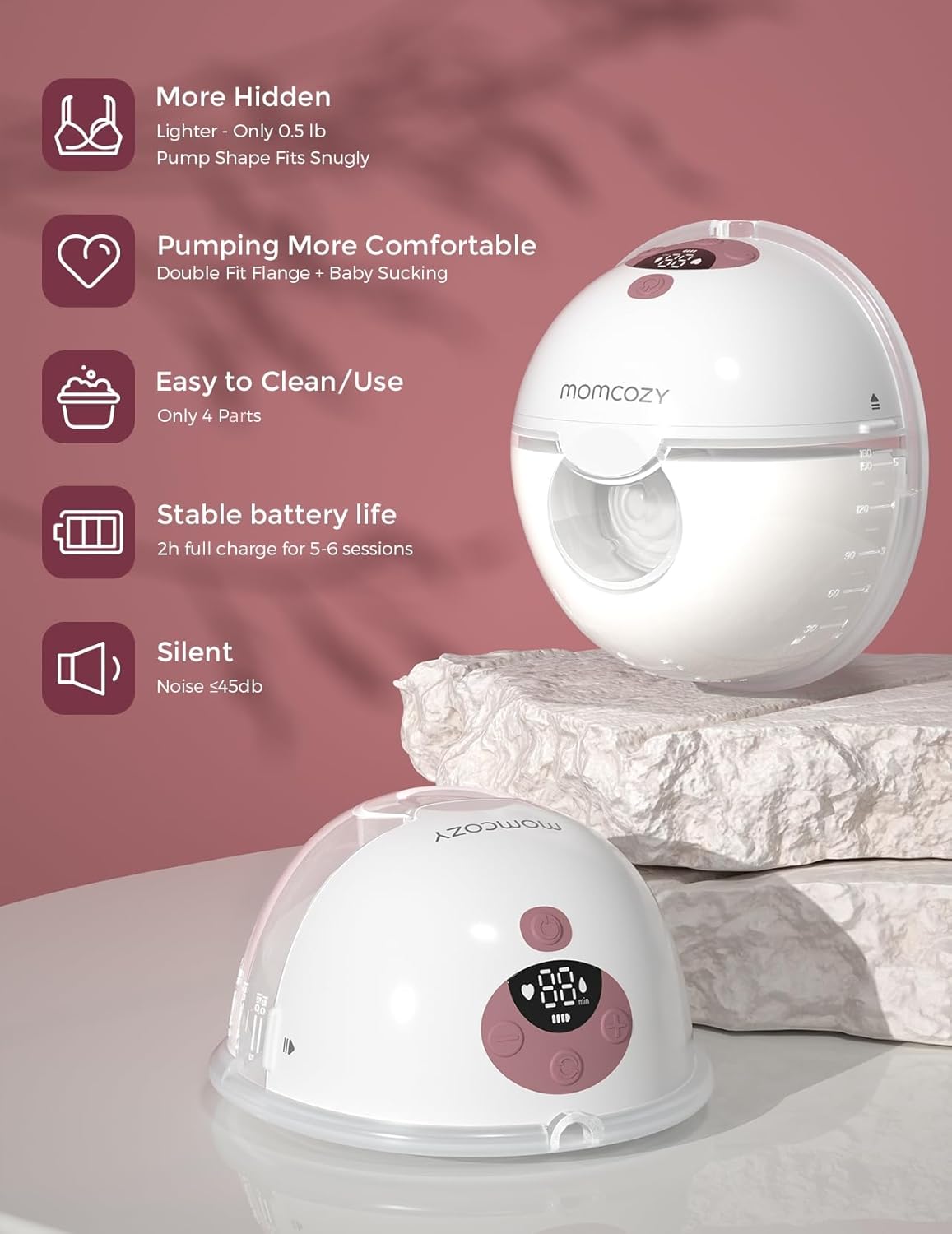 Momcozy M5 Hands-Free Wearable Breast Pump, Double-Sealed Flange for Baby-Like Comfort, 3 Modes & 9 Suction Levels, Portable Electric Pump – 24mm, 1 Pack Cozy Red