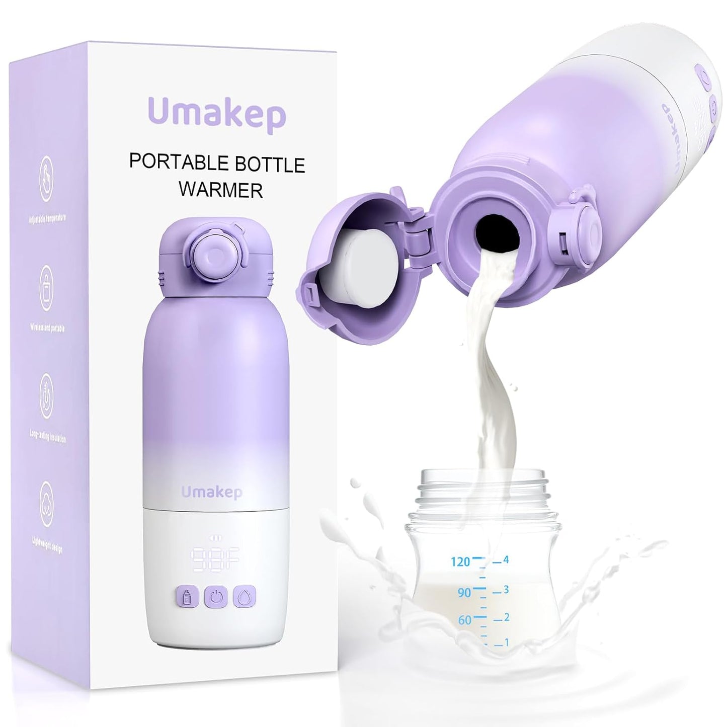 Portable Bottle Warmer for Travel, Large 12oz Capacity with Dual Heating Modes for Breast Milk & Water, Smart Temperature Control, Baby Bottle Warmer for Travel, Gifts for New Mom, Purple