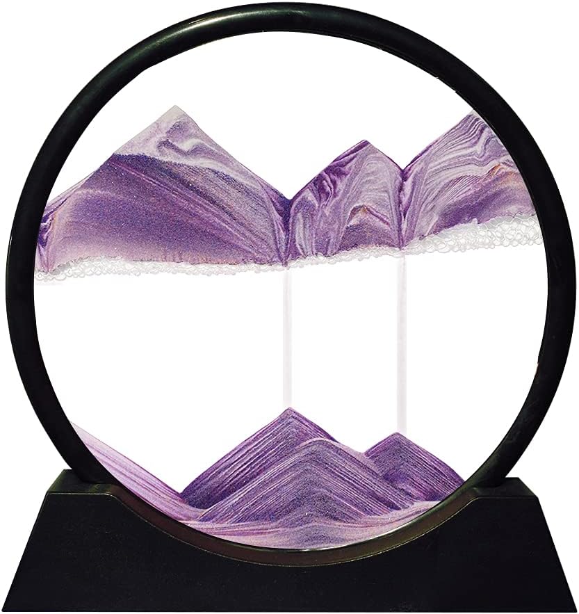 Aoderun Moving Sand Art Picture Round Glass 3D Deep Sea Sandscape in Motion Display Flowing Sand Frame Relaxing Desktop Home Office Work Decor (7", Purple)