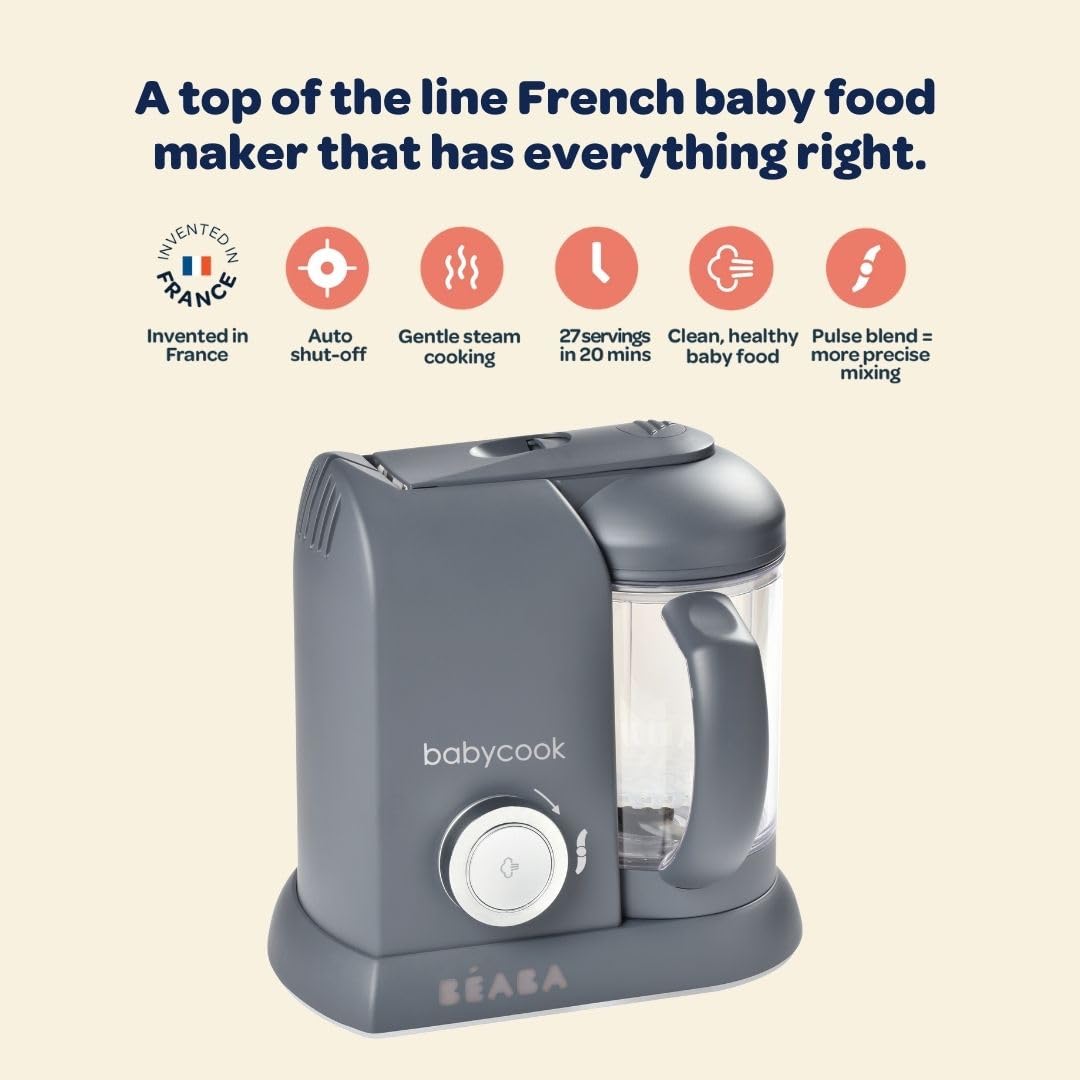 BEABA Babycook Solo 4 in 1 Baby Food Maker, Puree Steamer and Blender for Purees, Grinder with Auto Steam Cooking, Lrg Capacity 4.5 Cups 27 Servings in 20 Mins, Pralin