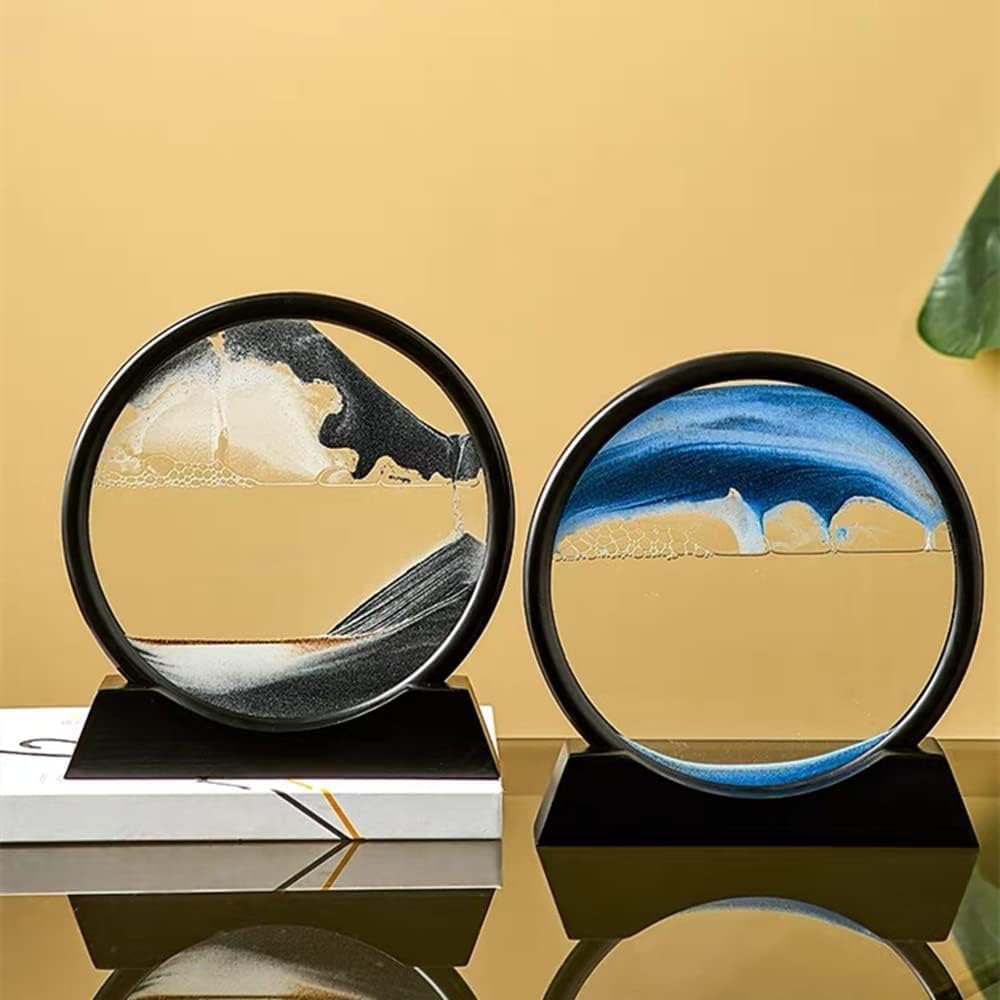 Moving Sand Art Picture in Motion Round Glass 3D Deep Sea Landscape, Dynamic Sand Art Sandscapes, Sensory Relaxing Desktop Table Decor Desk Decor Art Desk (7 inch, Black)