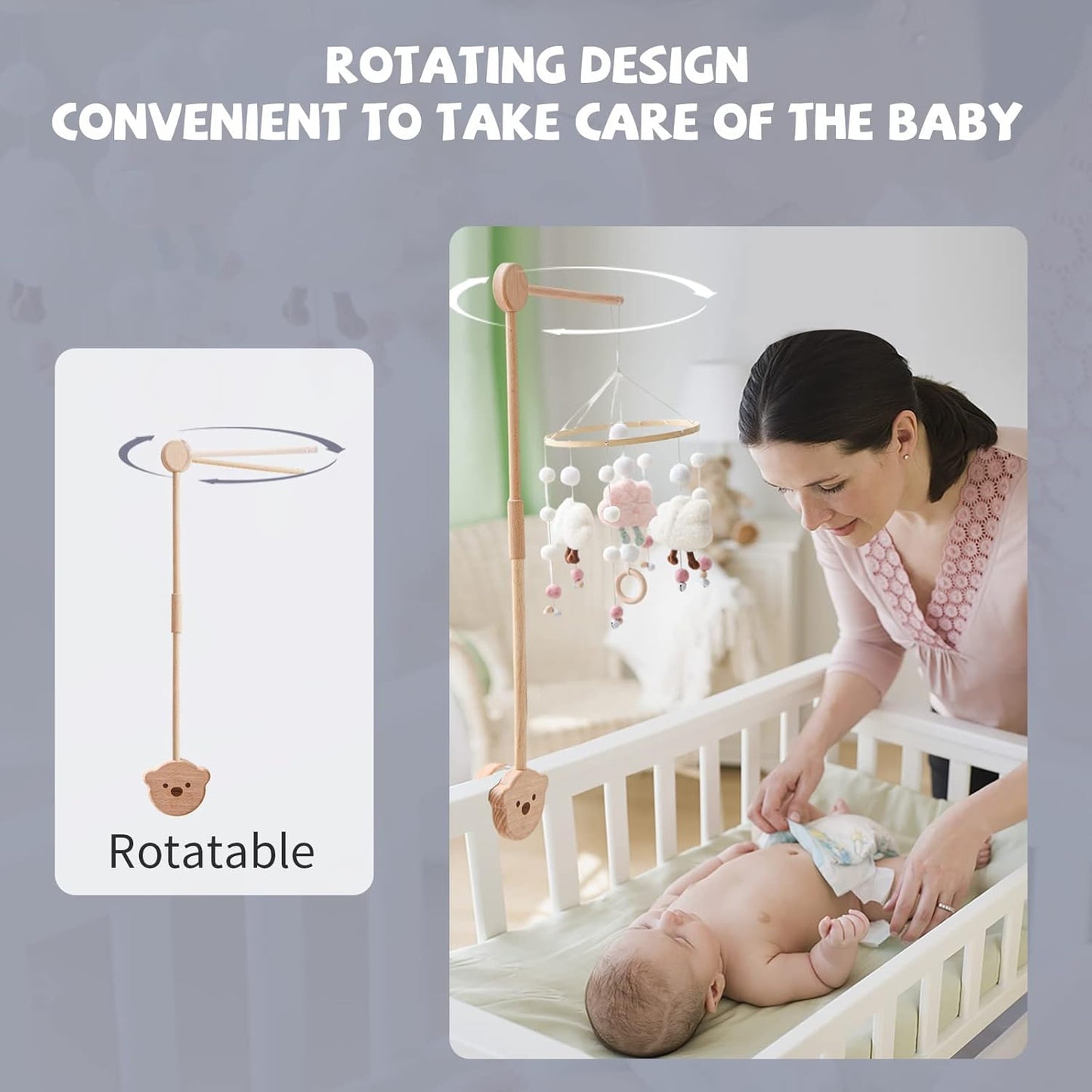 Wooden Crib Mobile Arm | Crib Mobile Holder | Nursery Mobile Hanger Cartoon Bear | Rotatable Height Adjustable Hanging Fits Wide or Thick Railings Baby Shower Gift Nursery Decoration