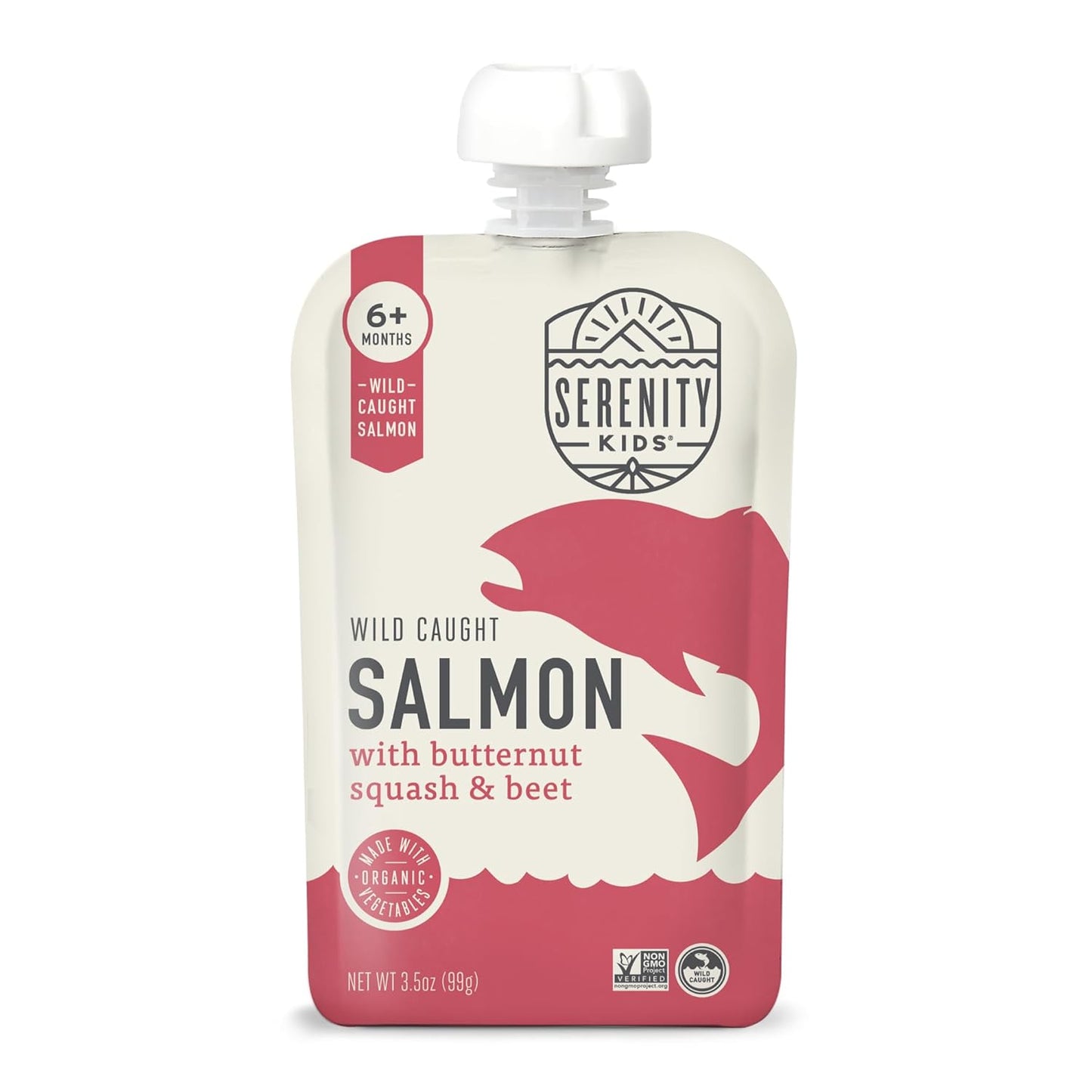 Serenity Kids 6+ Month Salmon Baby Food Pouches - Wild-Caught Salmon & Organic Butternut Squash & Beet Puree - BPA-Free Food Pouches for Baby - 3.5 Oz, 12 Pack