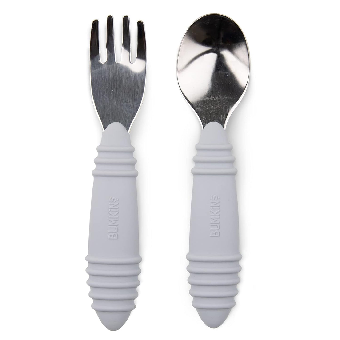 Bumkins Toddler Utensils, Kids Size Fork and Spoon Set, Silicone and Stainless-Steel Training Silverware, Angled Forks / Sporks for Self-Feeding, Children Hold Learning to Eat, 18 Months Up, Gray
