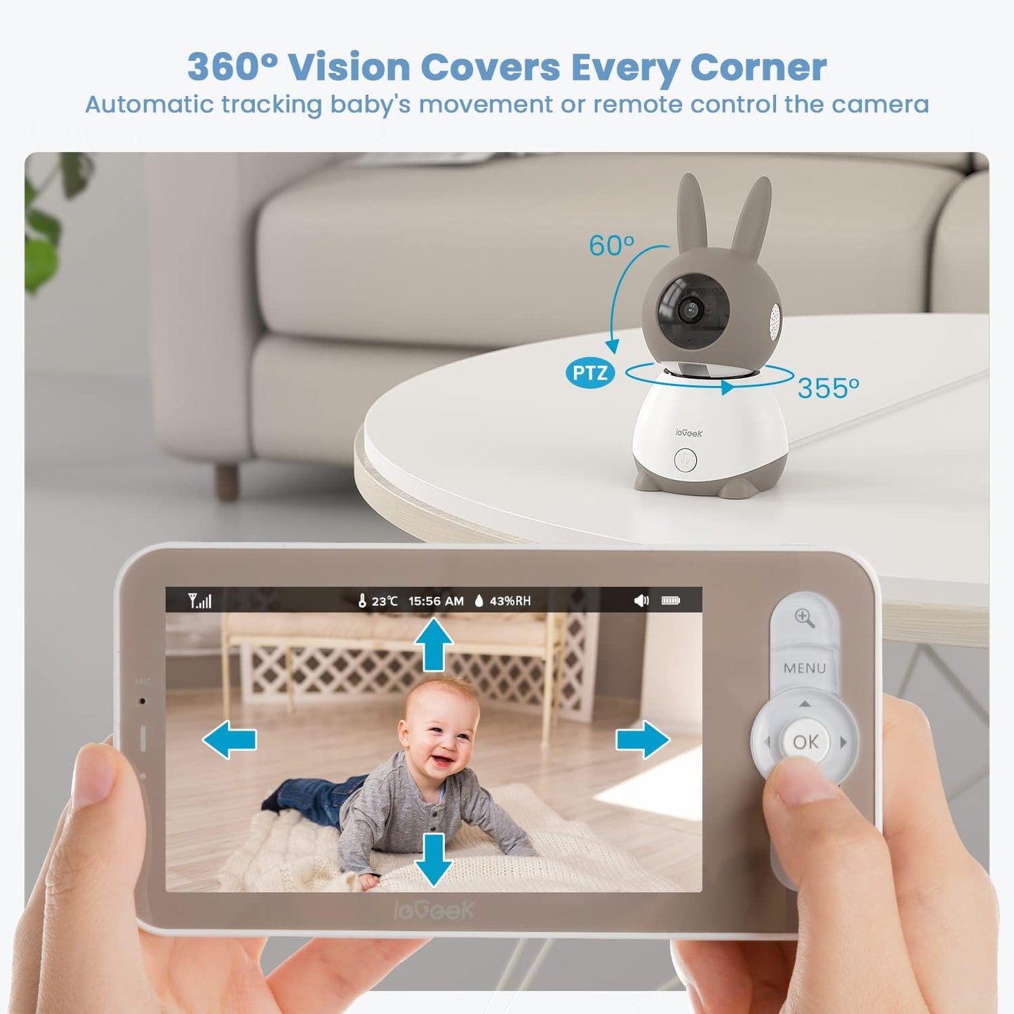ieGeek Baby Monitor with 2K HD Resolution, Pan-Tilt-Zoom Video Baby Monitor Camera, 5'' LCD Screen & App Control, Night Vision, Cry and Motion Detection, Temp & Humidity Sensor, Two Way Audio, VOX