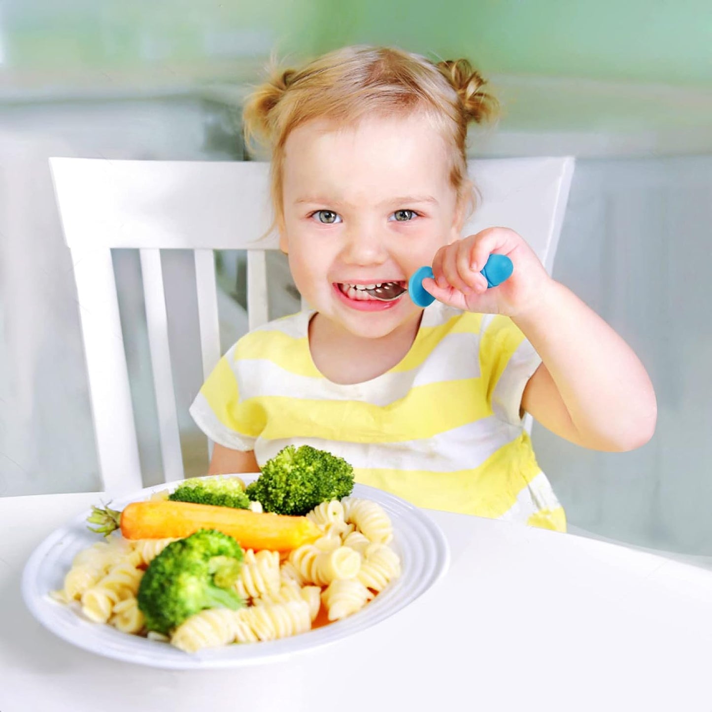 PandaEar 6 Pieces Baby Toddler Silicone Stainless Steel Utensils Silverware Spoon Fork for Baby Toddler BPA Free with Silicone Holding Anti-Choke Design (Blue Green Beige)