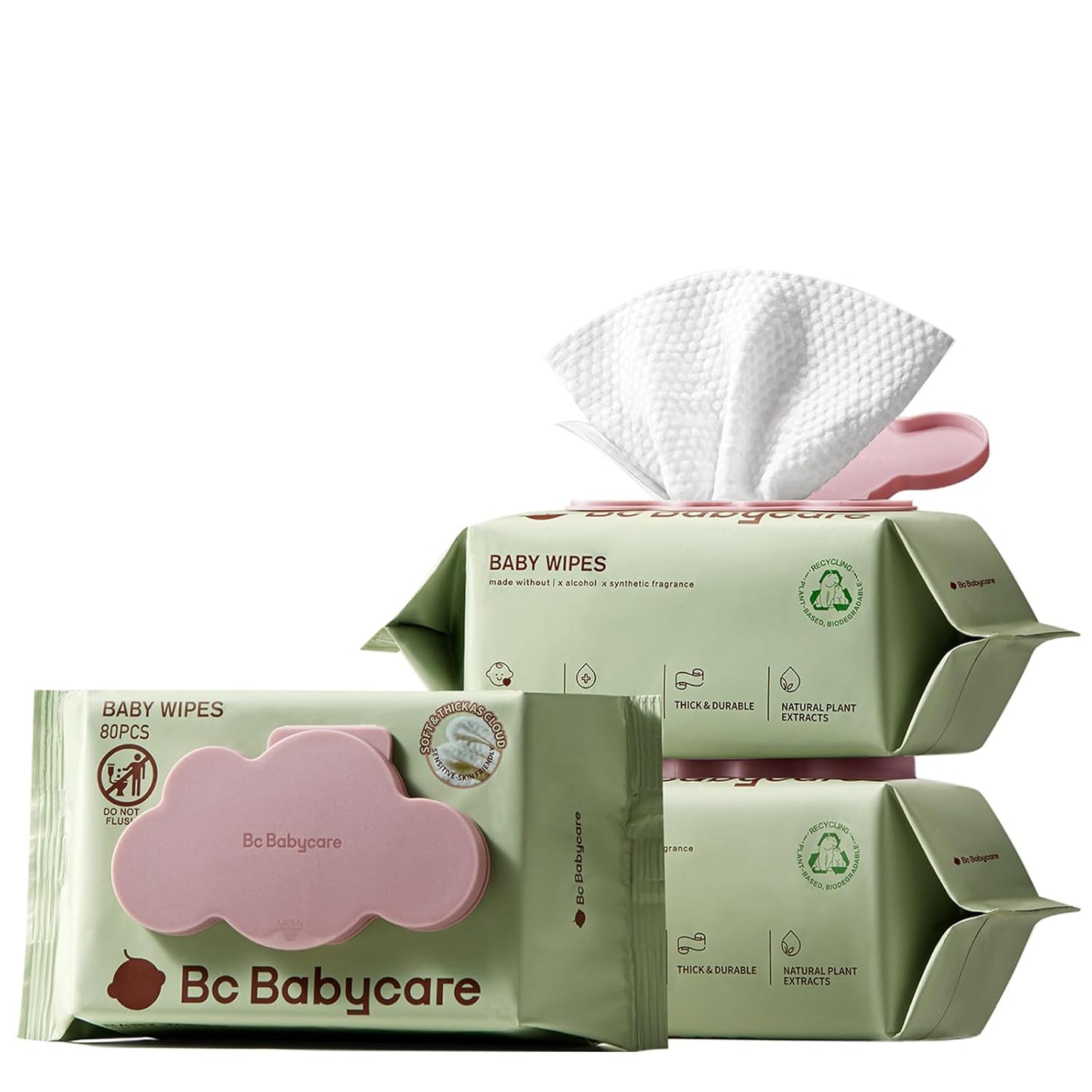 Bc Babycare Cloud Moist Baby Wipes, Thick & XL, 99% Water, Ultra-Hydrating, Unscented, Hypoallergenic for Sensitive Skin, Biodegradable, 3 Flip-Top, 240 Count