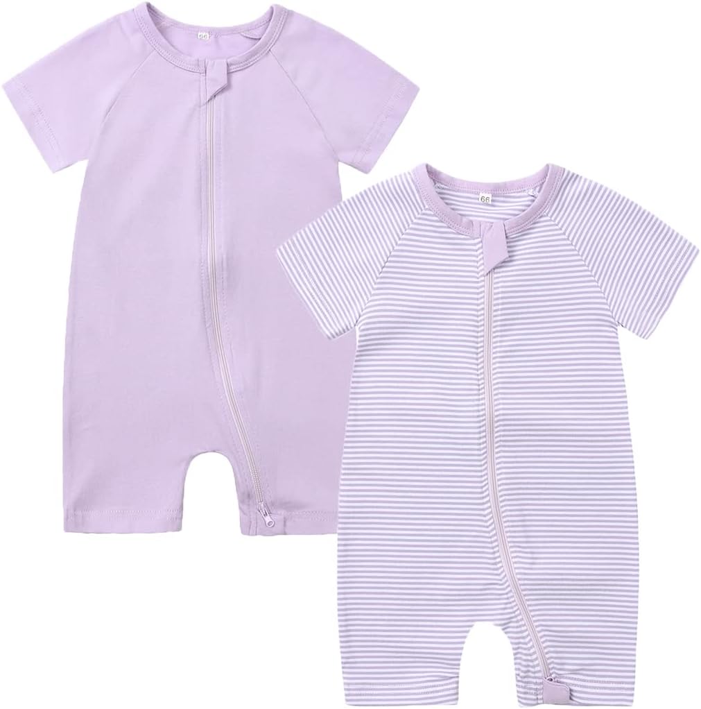 Feidoog Baby Boys 2Pack Rompers Summer Short Sleeve 2 Way Zipper One-Piece Romper Jumpsuit Sleep and Play