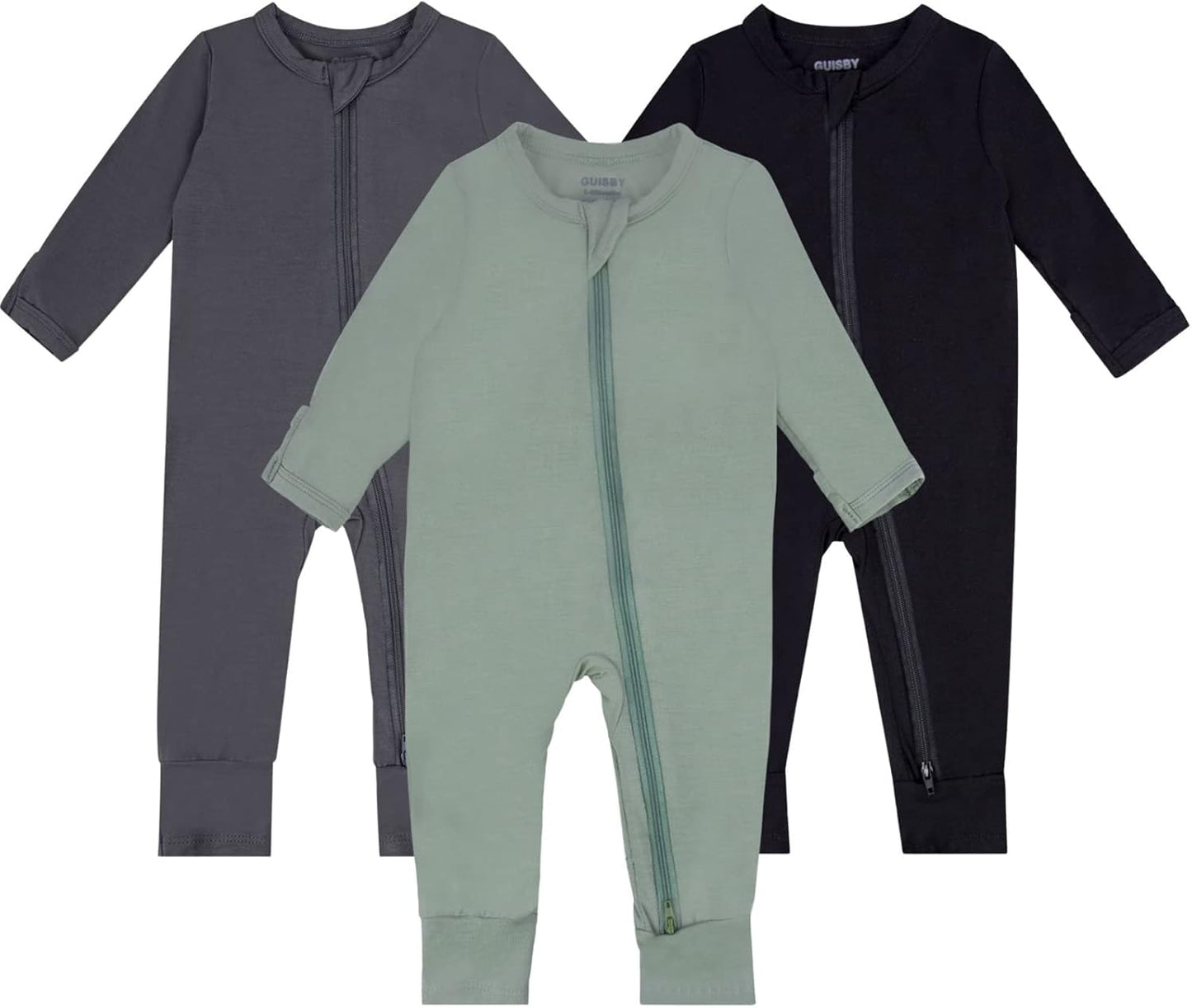 GUISBY Baby Pajamas with Mitten Cuffs - 3Pcs Girls Boys 2 Way Zipper Long Sleeve Rayon Sleepers