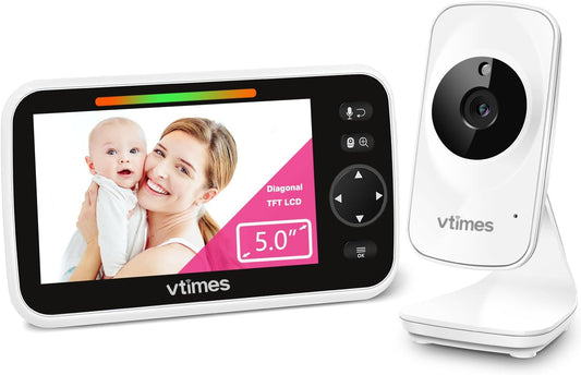 Baby Monitor Video Baby Monitor with Camera and Audio No WiFi 5" LCD Screen, Two-Way Audio, Night Vision,1000ft Range, 2X Zoom Temperature Display, Lullaby Elderly Pet