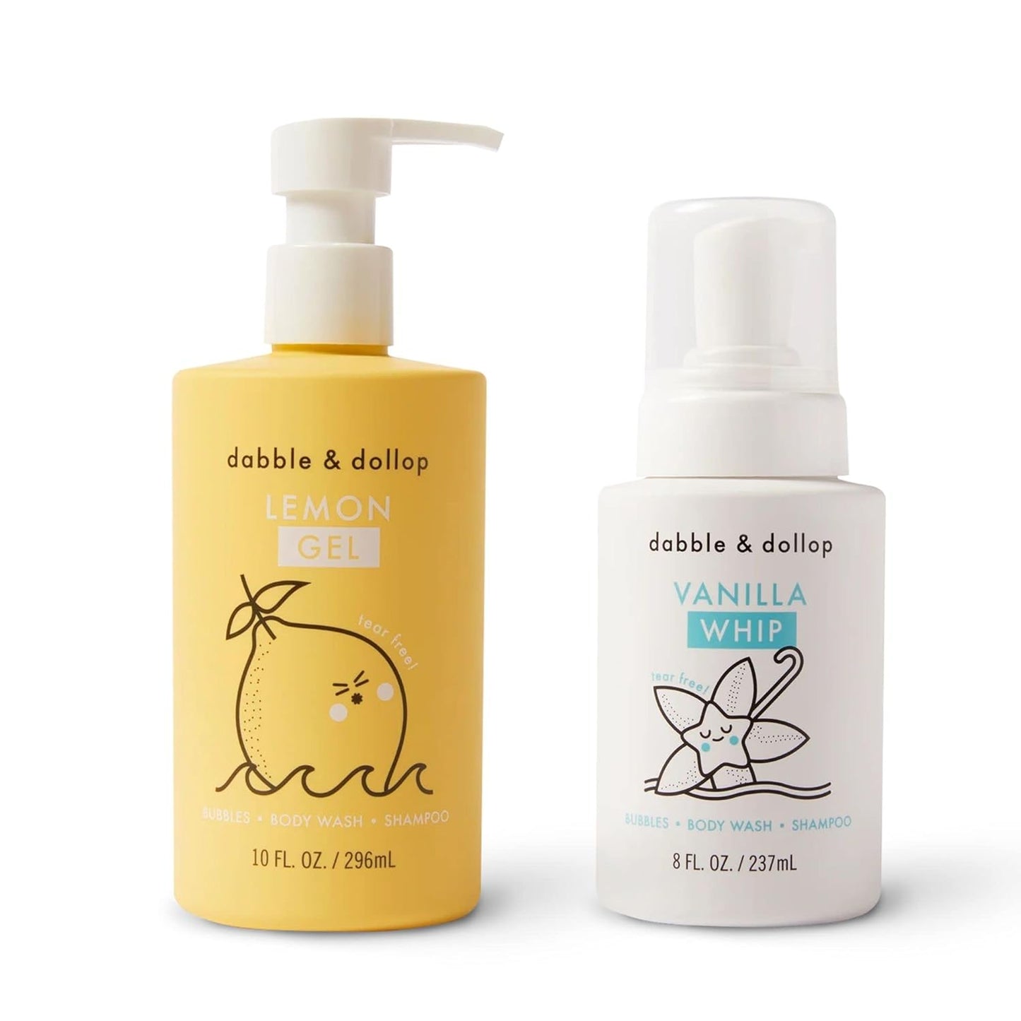 Dabble & Dollop Lemon + Vanilla Body Wash & Shampoo – 3-in-1 Natural Bubble Bath for Kids, Made in USA, No Parabens or Sulfates, Vegan, Gluten-Free, Tear-Free (2-Pack)