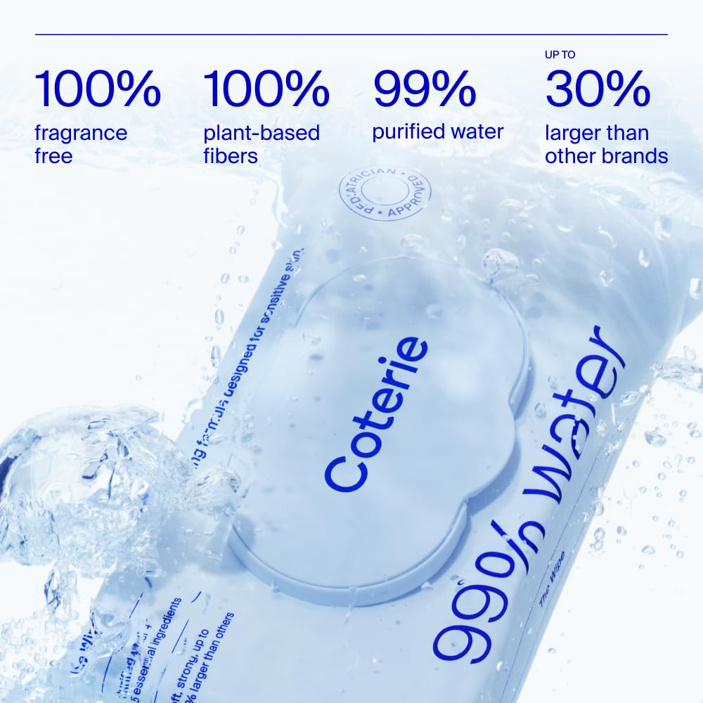 Coterie Baby Wipes for Sensitive Skin, Plant-Based and Plastic-Free Fibers, 99% Water, Hypoallergenic, pH Balanced, Unscented, Clean and Gentle Baby Essentials, 8 Pack, 448 Count