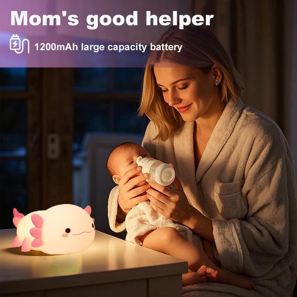 Cute Axolotl Night Light for Kids Bedroom, Animal Silicone Nursery Night Lamp Touch Control Nightlights USB Rechargeable Bedside Lamp for Baby Children Toddlers Girls Gift (Pink Axolotl)