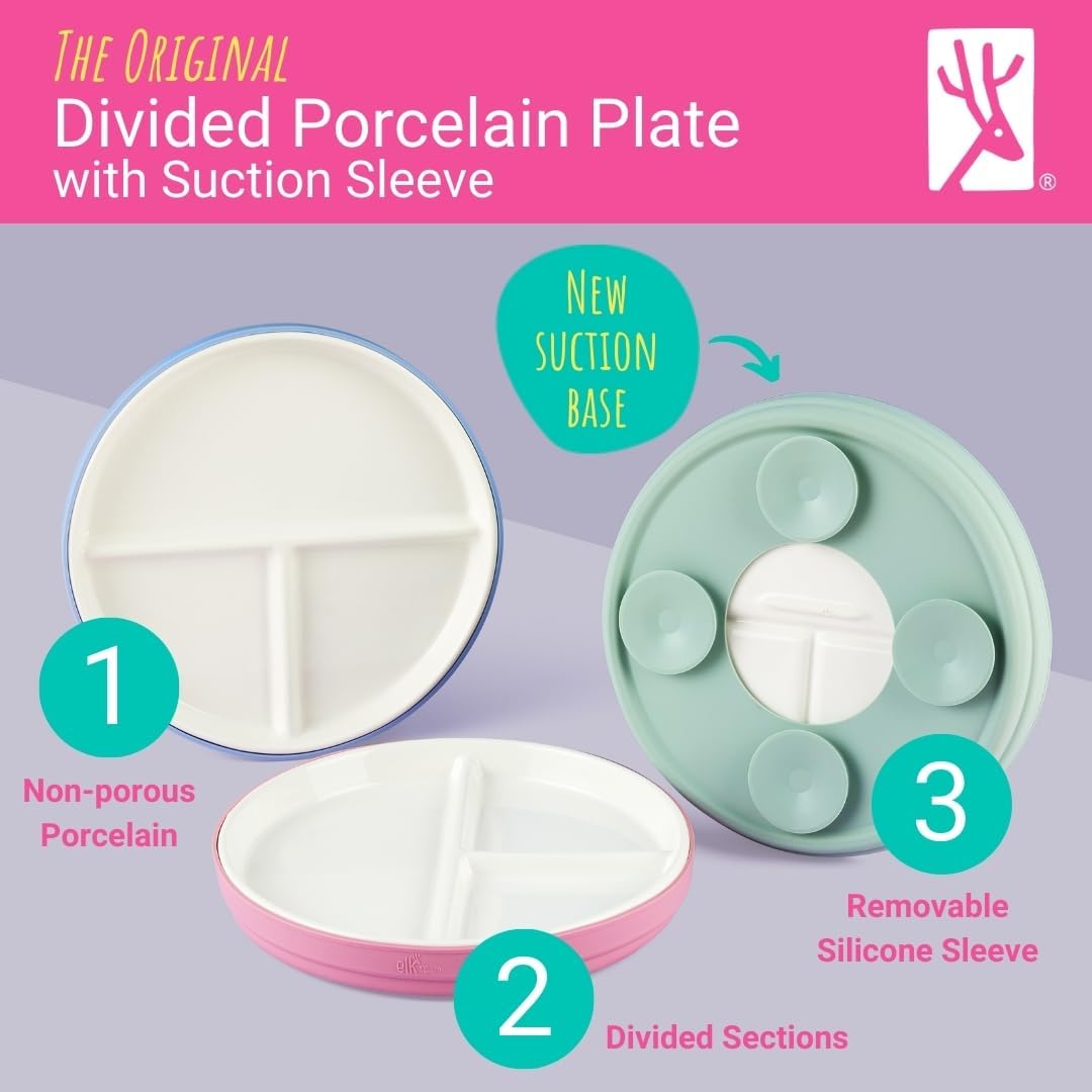 Elk and Friends Kids 7.8” Porcelain Divided Plates with Silicone Suction Sleeves | Suitable for Kids/Toddlers | Microwave & Dishwasher Safe | Non Slip | Snack Dishes | 4 Pack