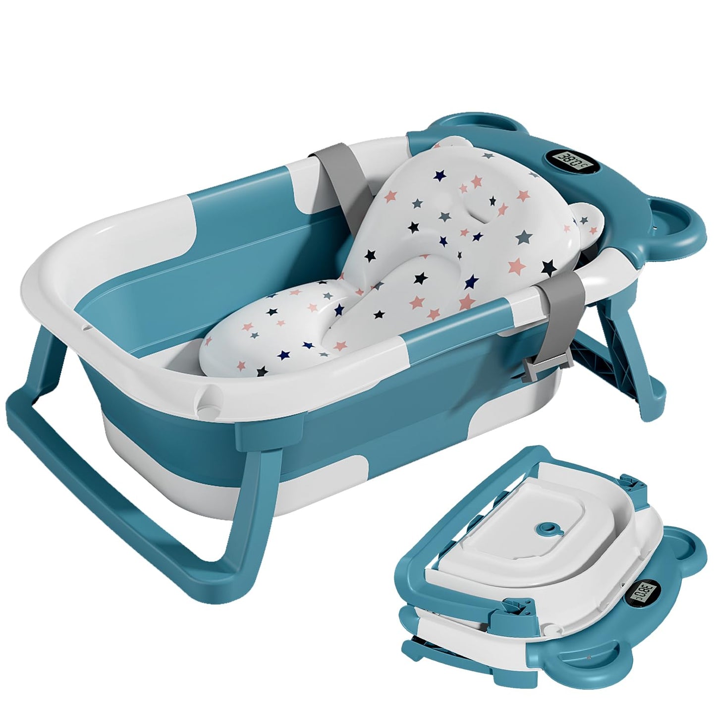TPN Collapsible Baby Bathtub for Infants to Toddler with Real-time Temp Monitor+Floating Cushion,Foldable Baby Bath Tub Set Applicable 0-36 Month,Perfect Portable Travel Baby Tub for Newborns Boy