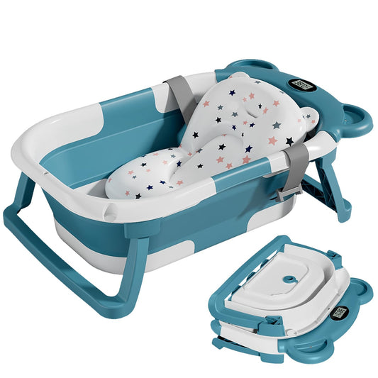 TPN Collapsible Baby Bathtub for Infants to Toddler with Real-time Temp Monitor+Floating Cushion,Foldable Baby Bath Tub Set Applicable 0-36 Month,Perfect Portable Travel Baby Tub for Newborns Boy