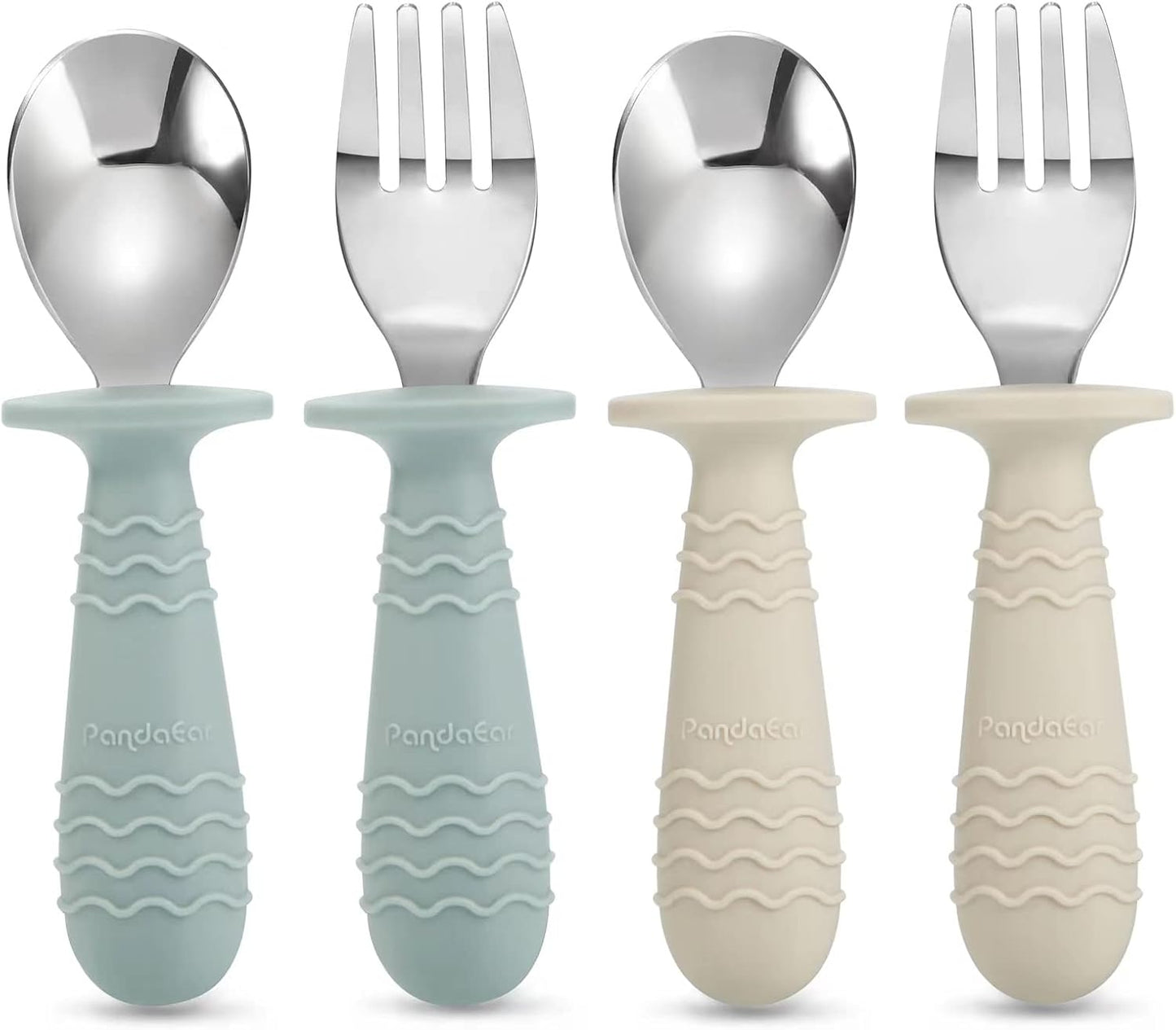 PandaEar 4 Set Baby Toddler Silicone Stainless Steel Utensils Silverware Spoon Fork for Baby Toddler BPA Free with Silicone Holding Anti-Choke Design