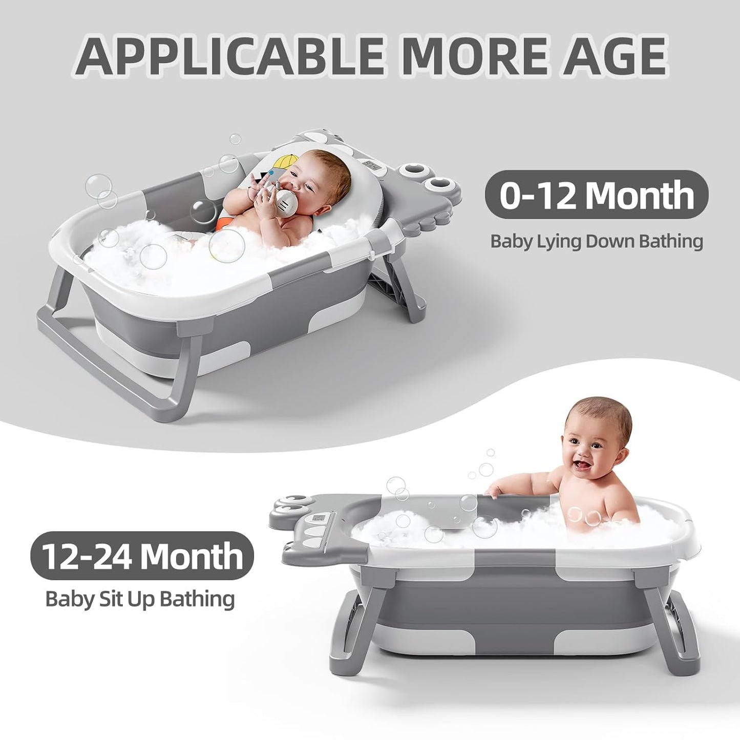TPN Collapsible Baby Bathtub, Baby Bath Tub with Soft Cushion & Real-Time Thermometer, Baby Bathtub Infant to Toddler Tub (0-36 Months), Portable Newborn Travel Bath tub