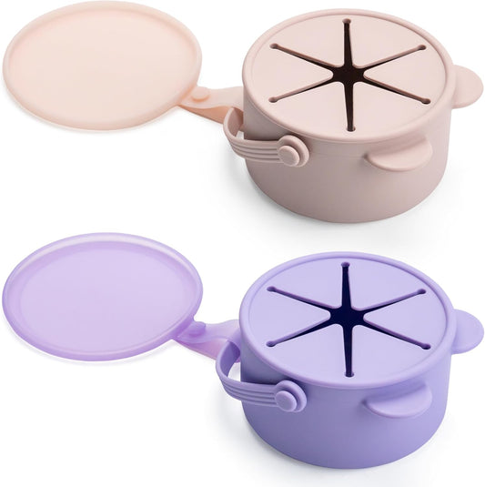 Silicone No Spill Snack Cups for Toddlers – Portable Baby Snack Cup Containers with Dustproof Lid – Dishwasher-Friendly Toddler Spill Proof Cups Without BPA, Lead, or Phthalates – Pink and Lilac