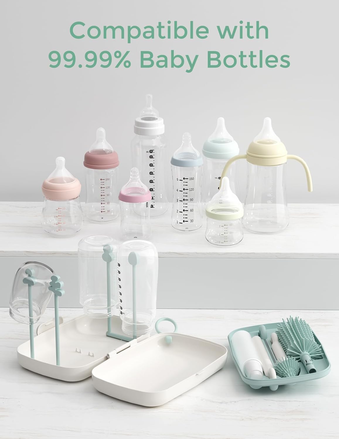 Momcozy Bottle Brush Set - Baby Bottle Cleaner Kit with Silicone Brush, Nipple Brush, Straw Brush, Soap Dispenser, Drying Rack - 7 in 1 Bottle Cleaning Tool for Home and Travel