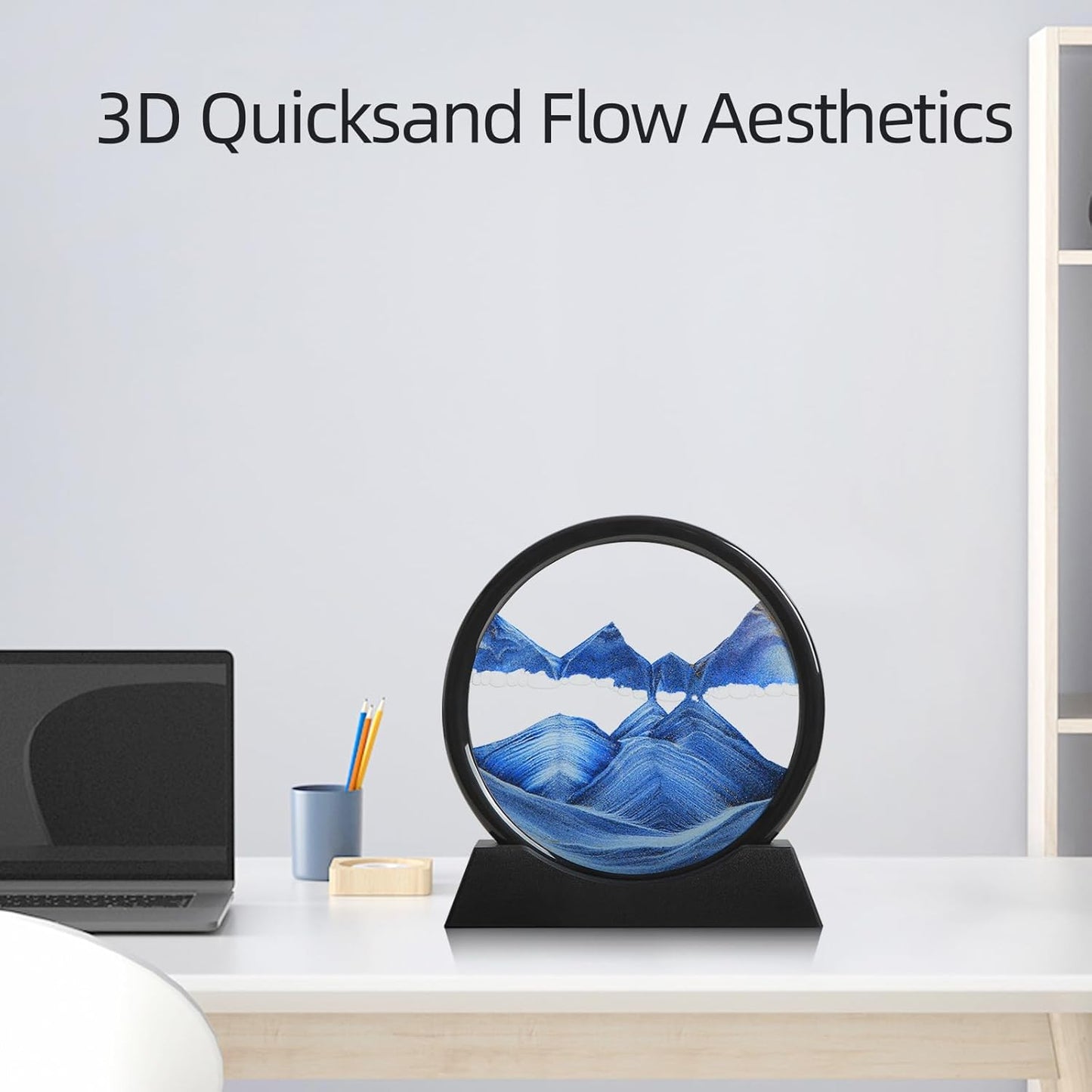 KPNUWN Moving Sand Art Liquid Motion, 3D Deep Sea Sandscape Color Quicksand Decor, Round Glass Moving Sand Art Picture Relaxing Desktop Home Office Work Decor (7 inch-Blue)