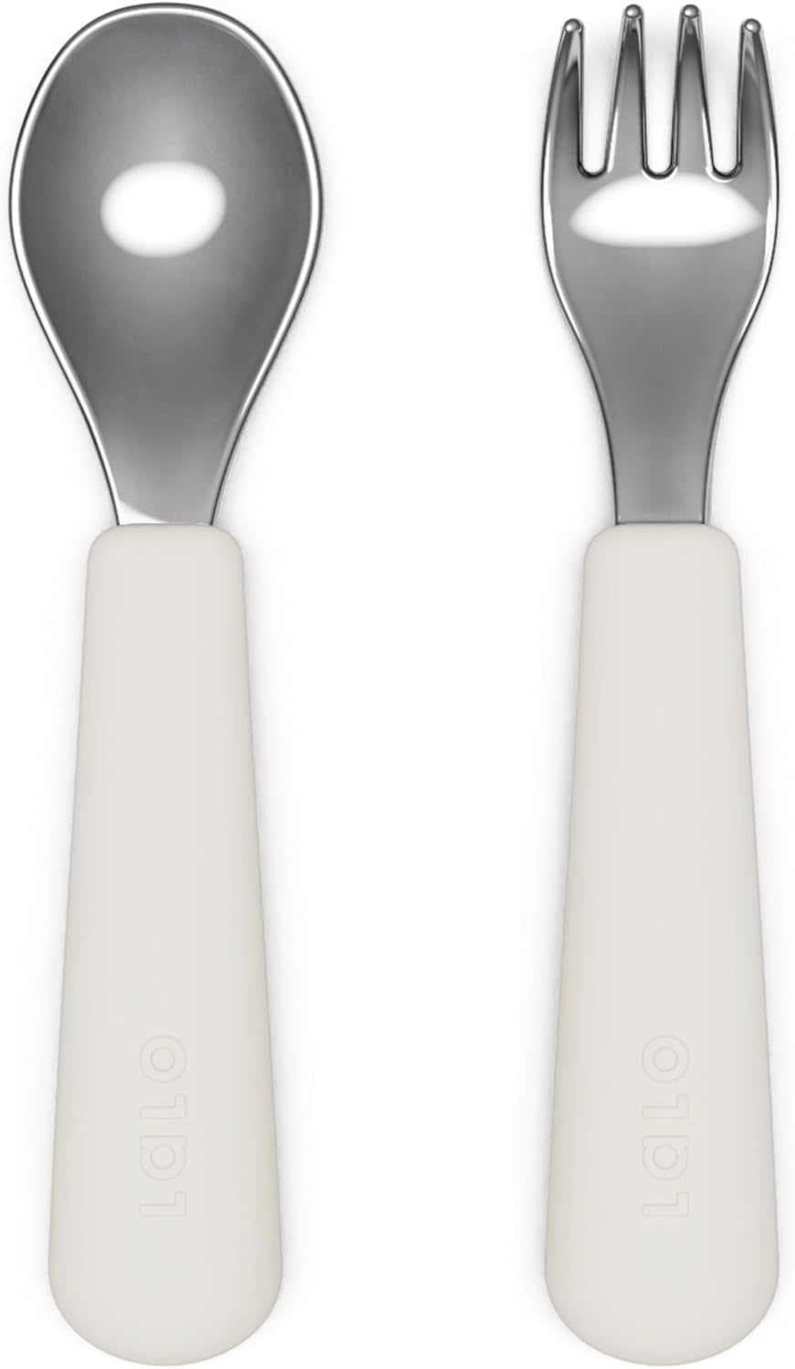 Lalo Utensils - Toddler Fork and Spoon Set - Stainless Steel and Silicone Ergonomic Toddler Utensils - Children Safe Flatware Set - 2 Pieces - Oatmeal